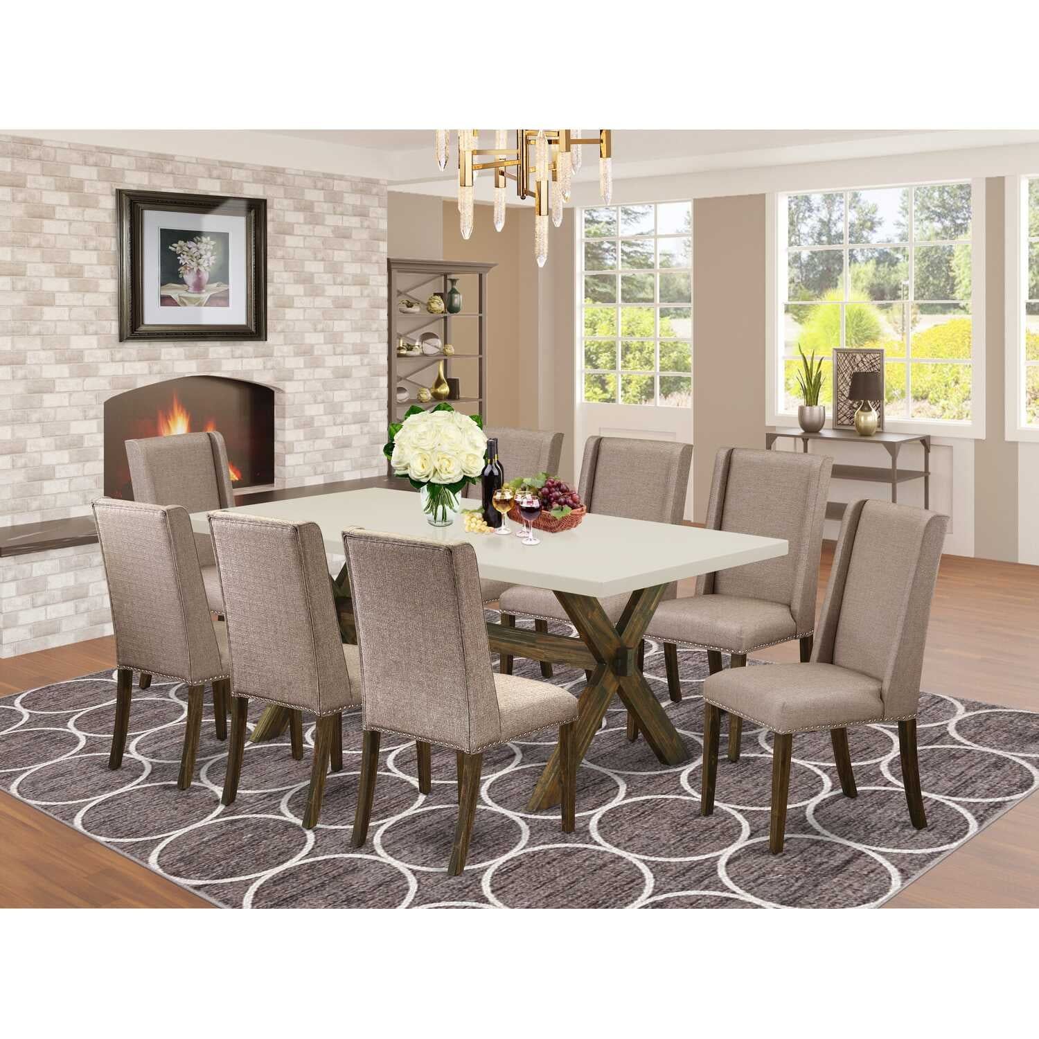 Mahogany X-Leg Dining Table with 6 Dark Khaki Linen Chairs