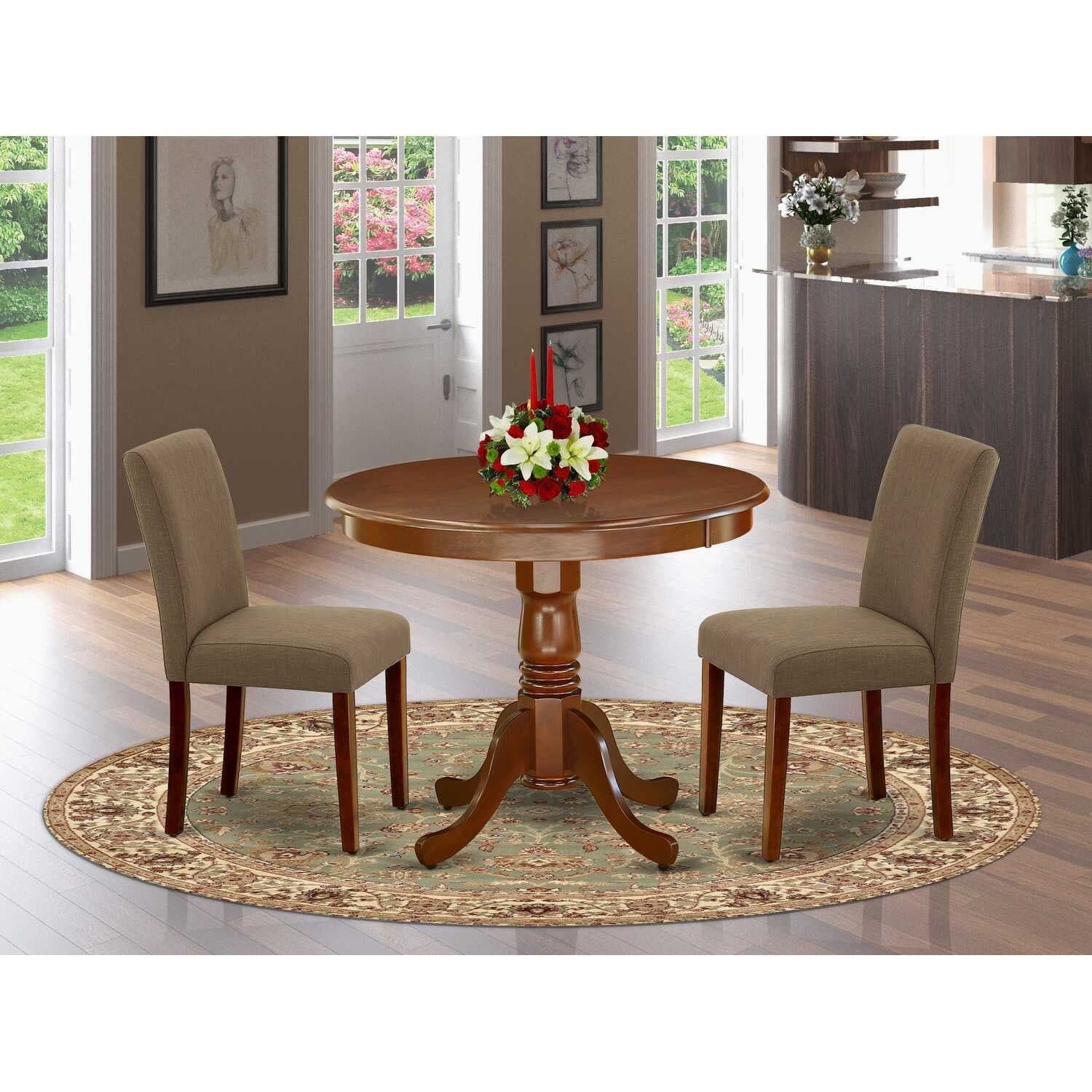 Mahogany Round Dining Table Set with Coffee Linen Chairs