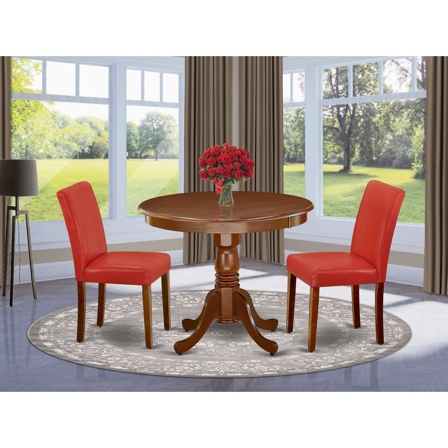 Mahogany Round Dining Table with Firebrick Red Chairs