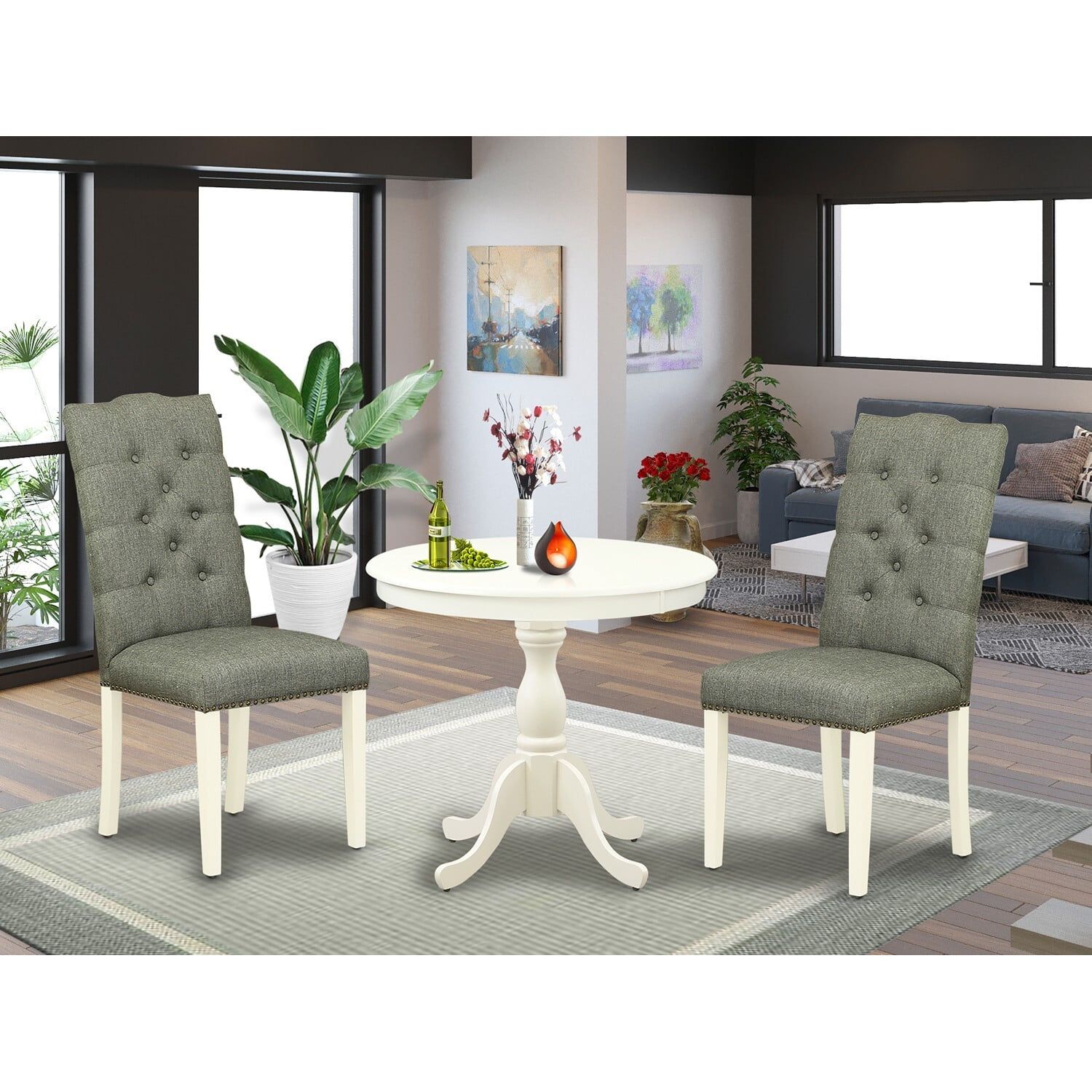 Linen White 3-Piece Round Pedestal Dining Set with Gray Upholstered Chairs