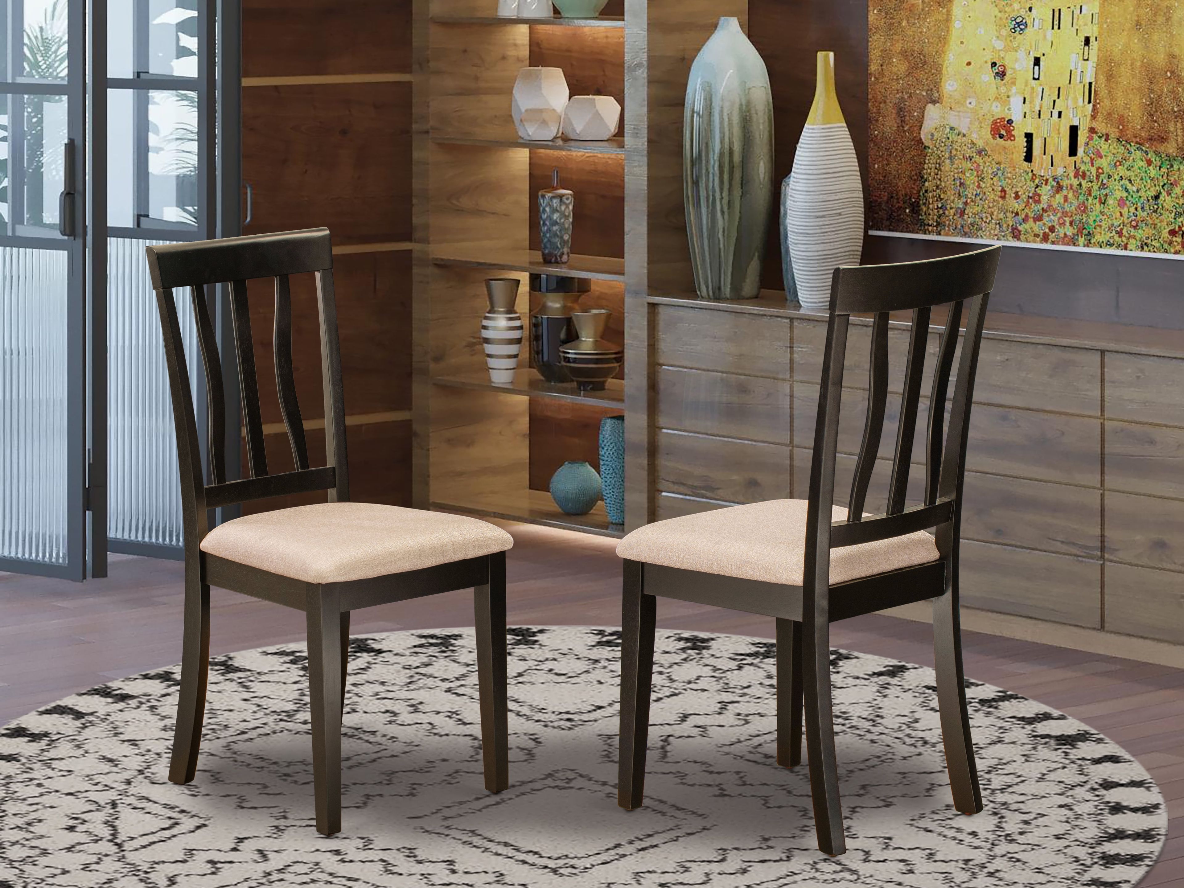 Antique Brown Linen Upholstered Wood Dining Chairs, Set of 2