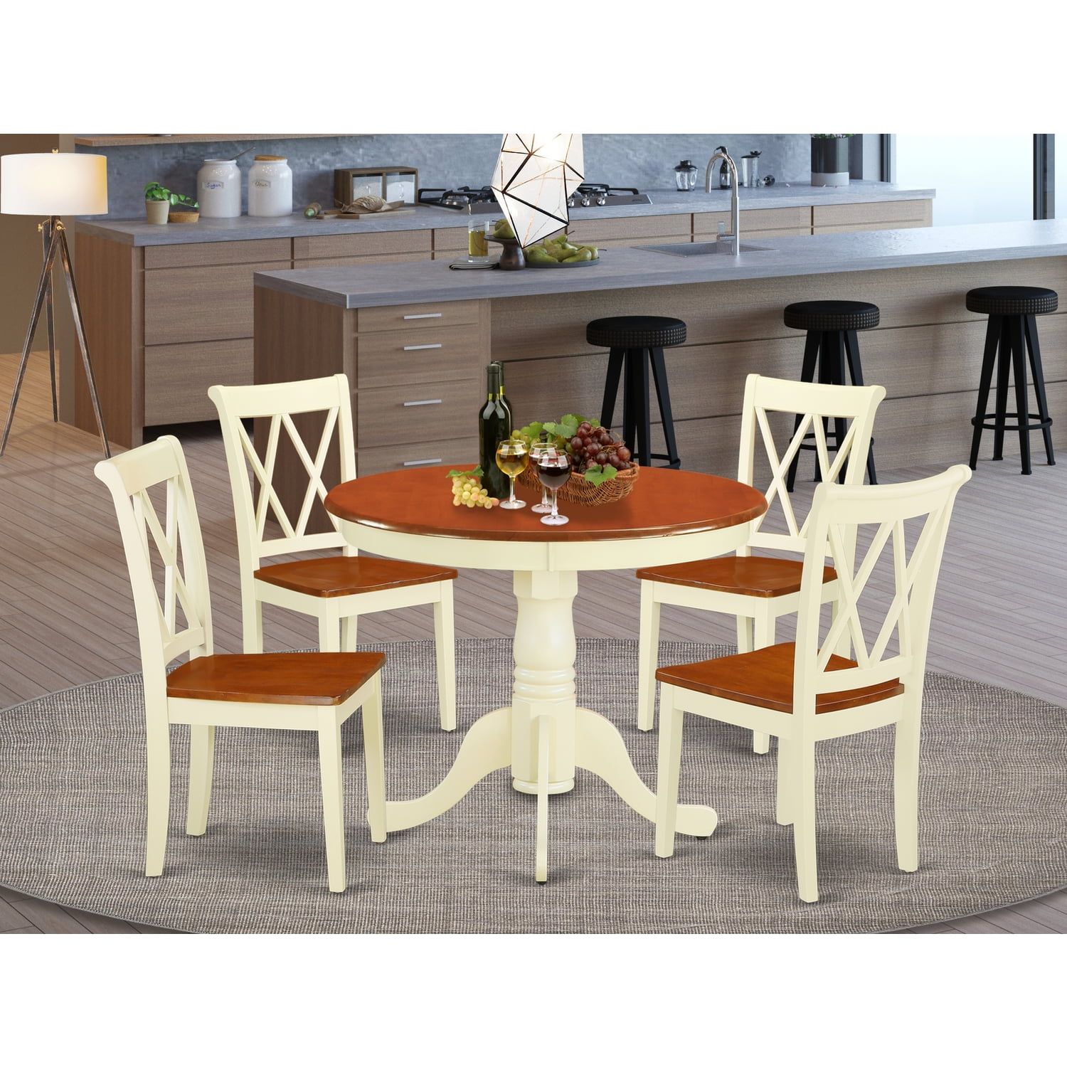 Buttermilk and Cherry Round Dining Table Set with X-Back Chairs