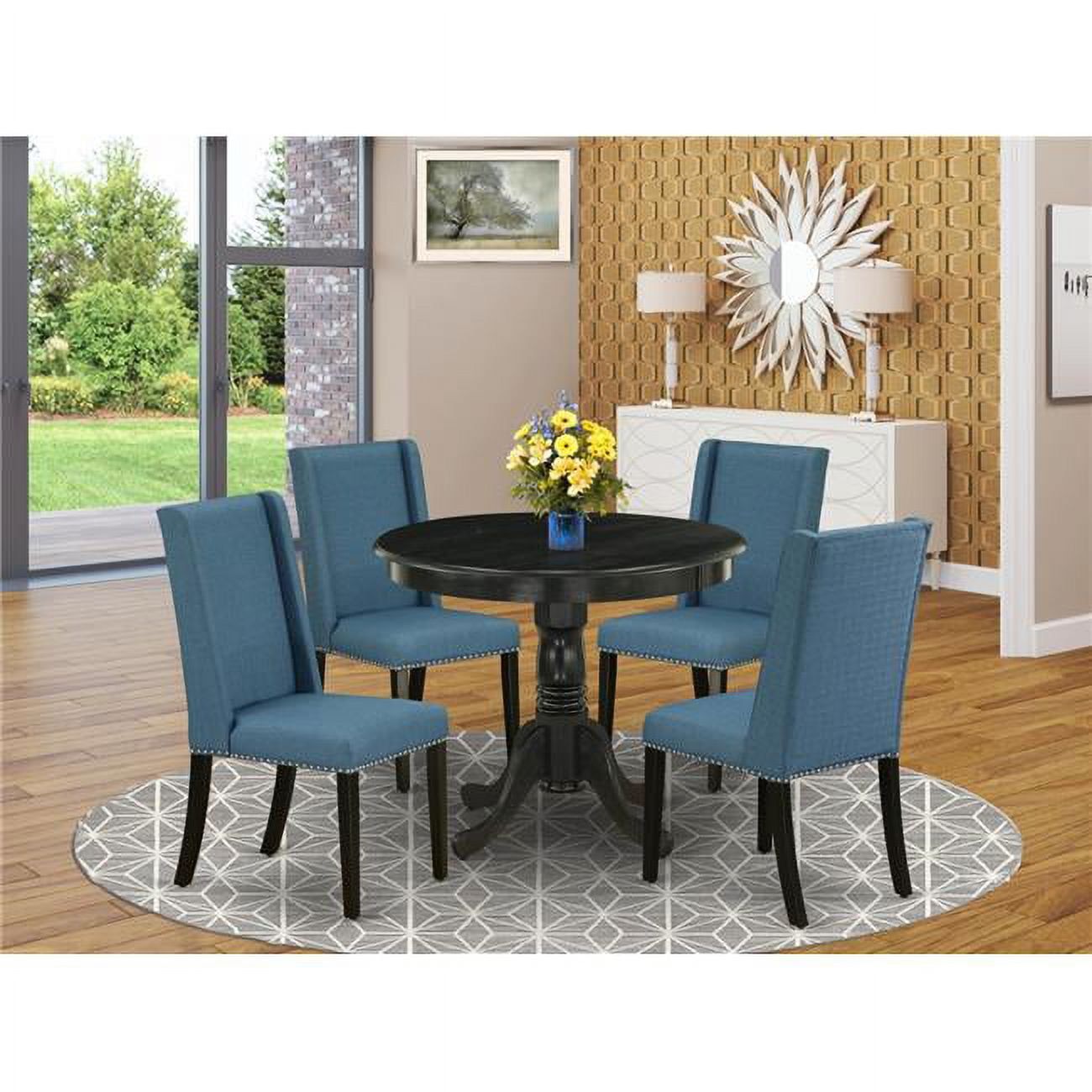 Mineral Blue Linen & Wirebrushed Black Solid Rubberwood 5-Piece Dining Set