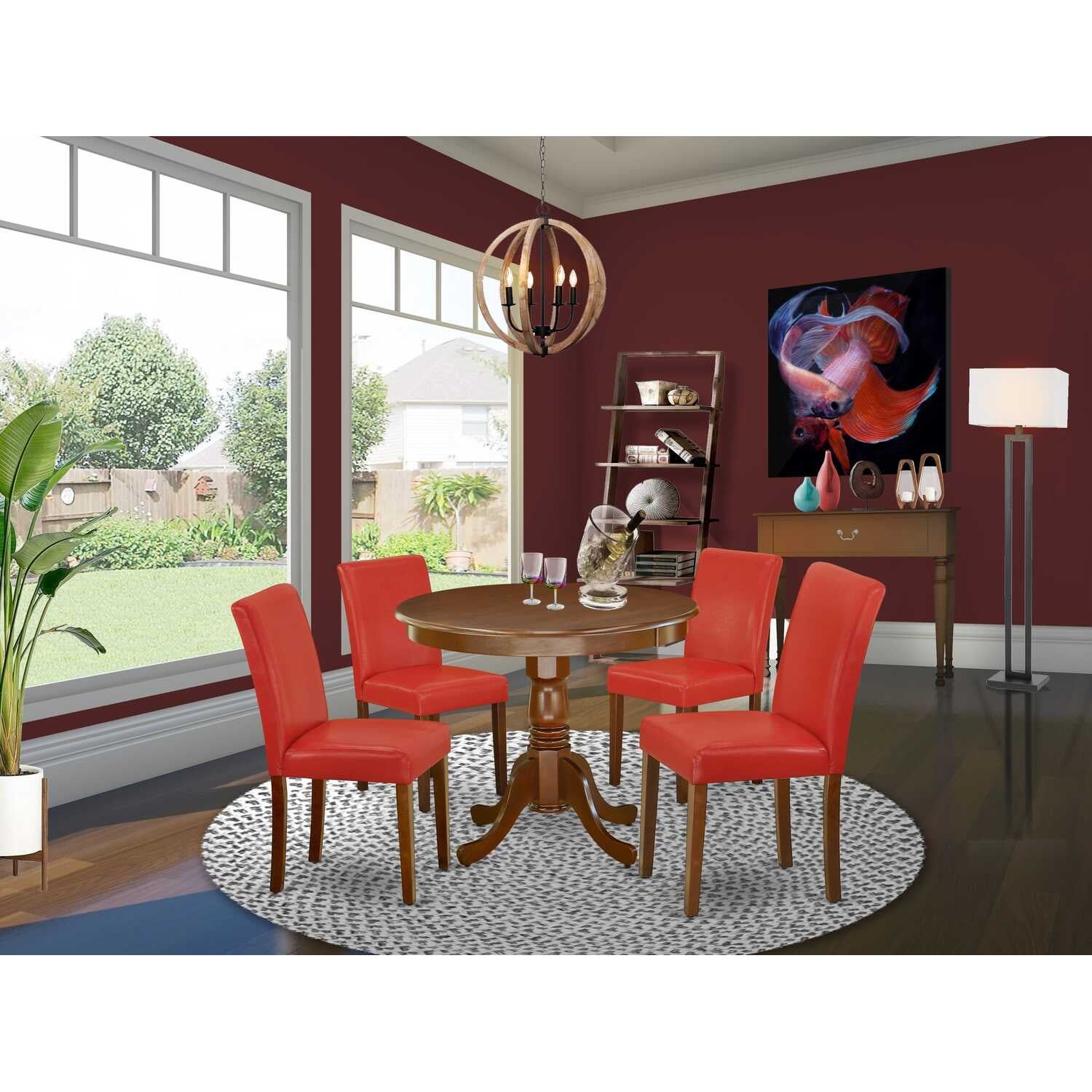 Mahogany Round Dining Table Set with Firebrick Red Chairs