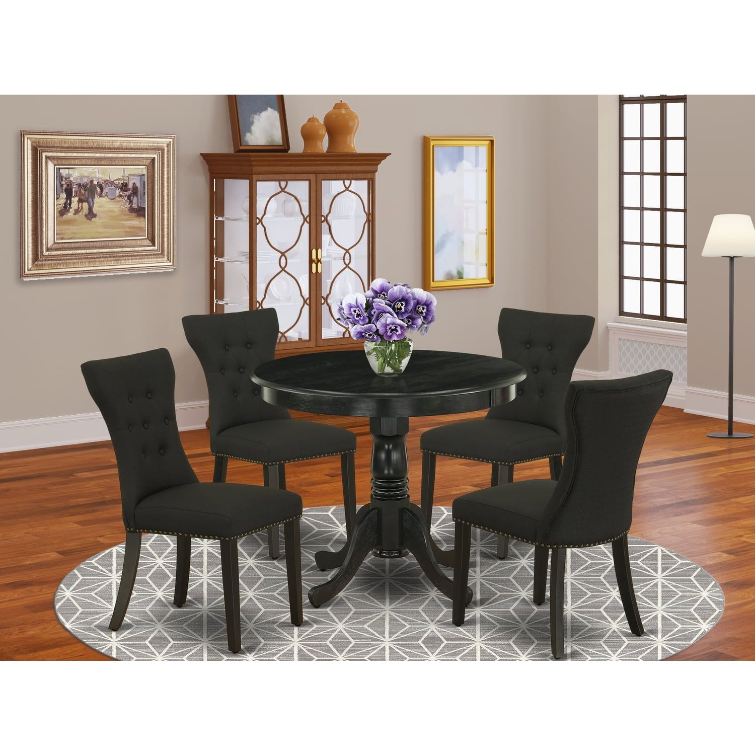 Elegant Tufted Black Linen and Rubber Wood 5-Piece Dining Set