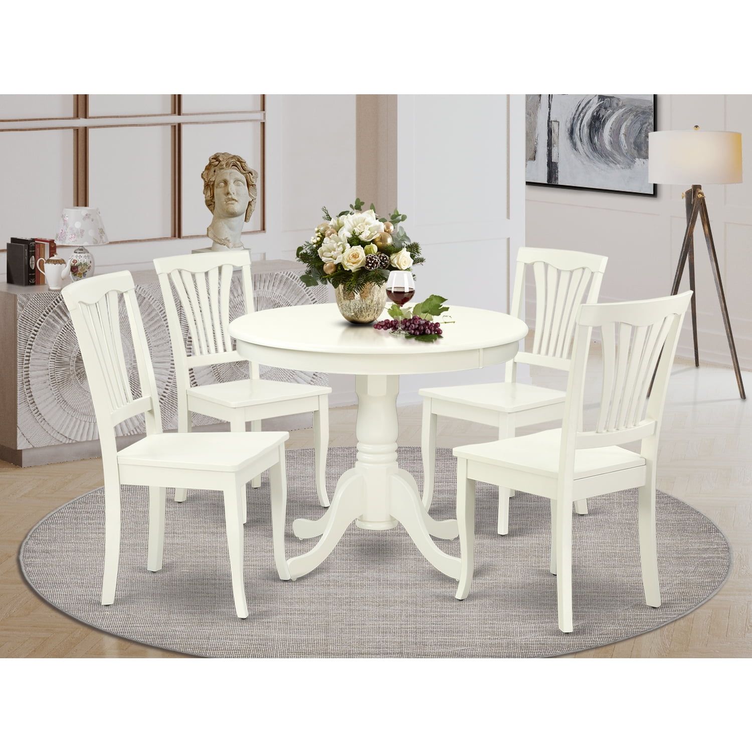 Linen White Round Wood Dining Set with 4 Chairs