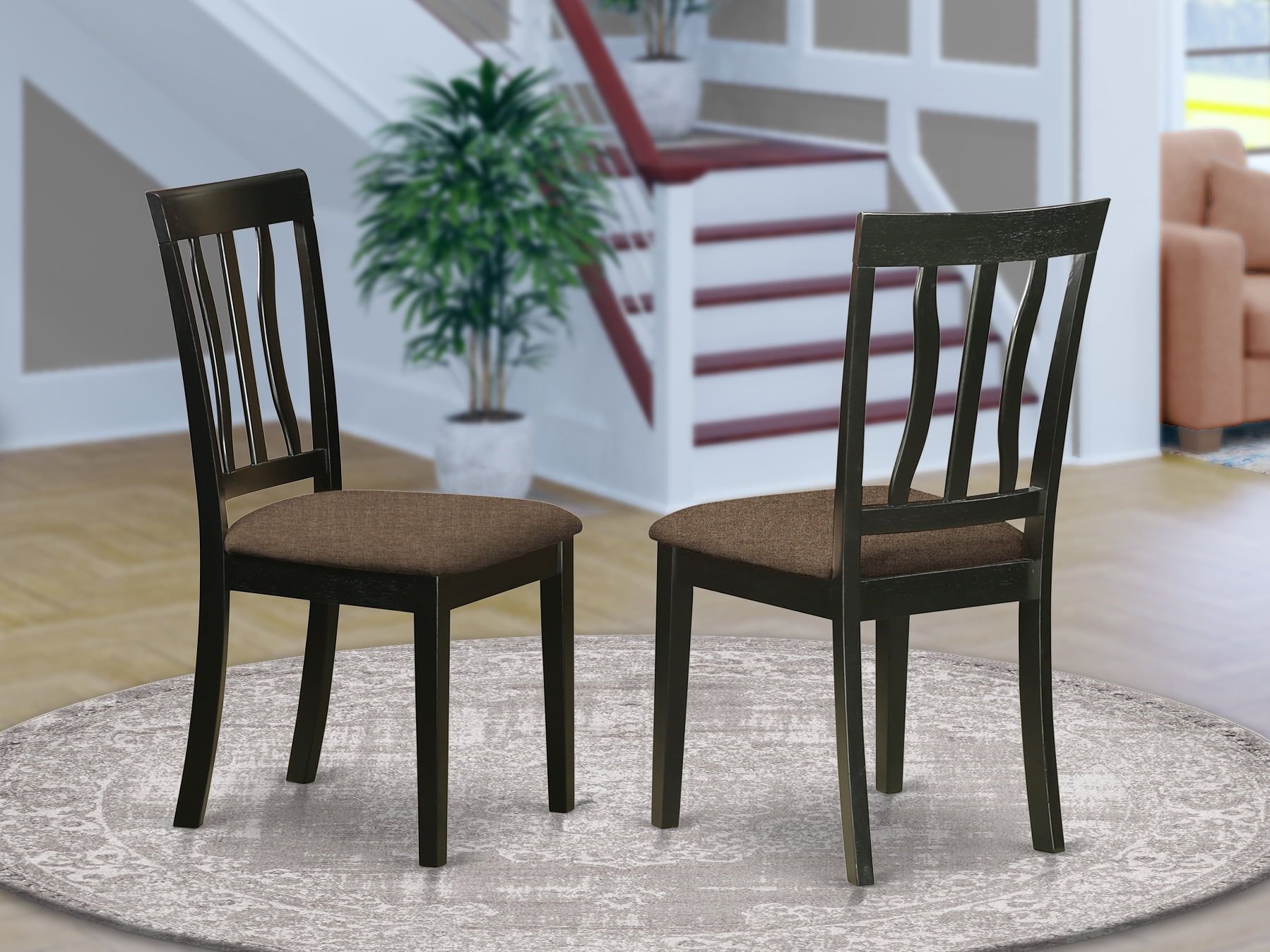 Antique Black and Brown Microfiber Upholstered Dining Chairs, Set of 2