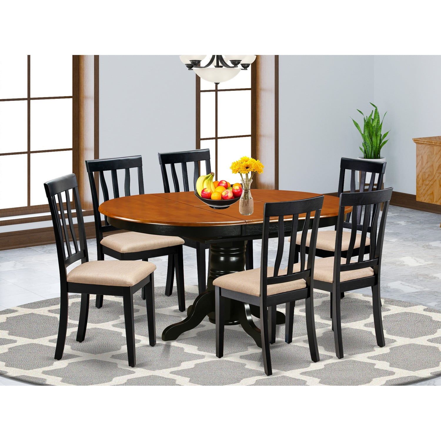 Black and Cherry Oval Wood Dining Set with 6 High Back Chairs