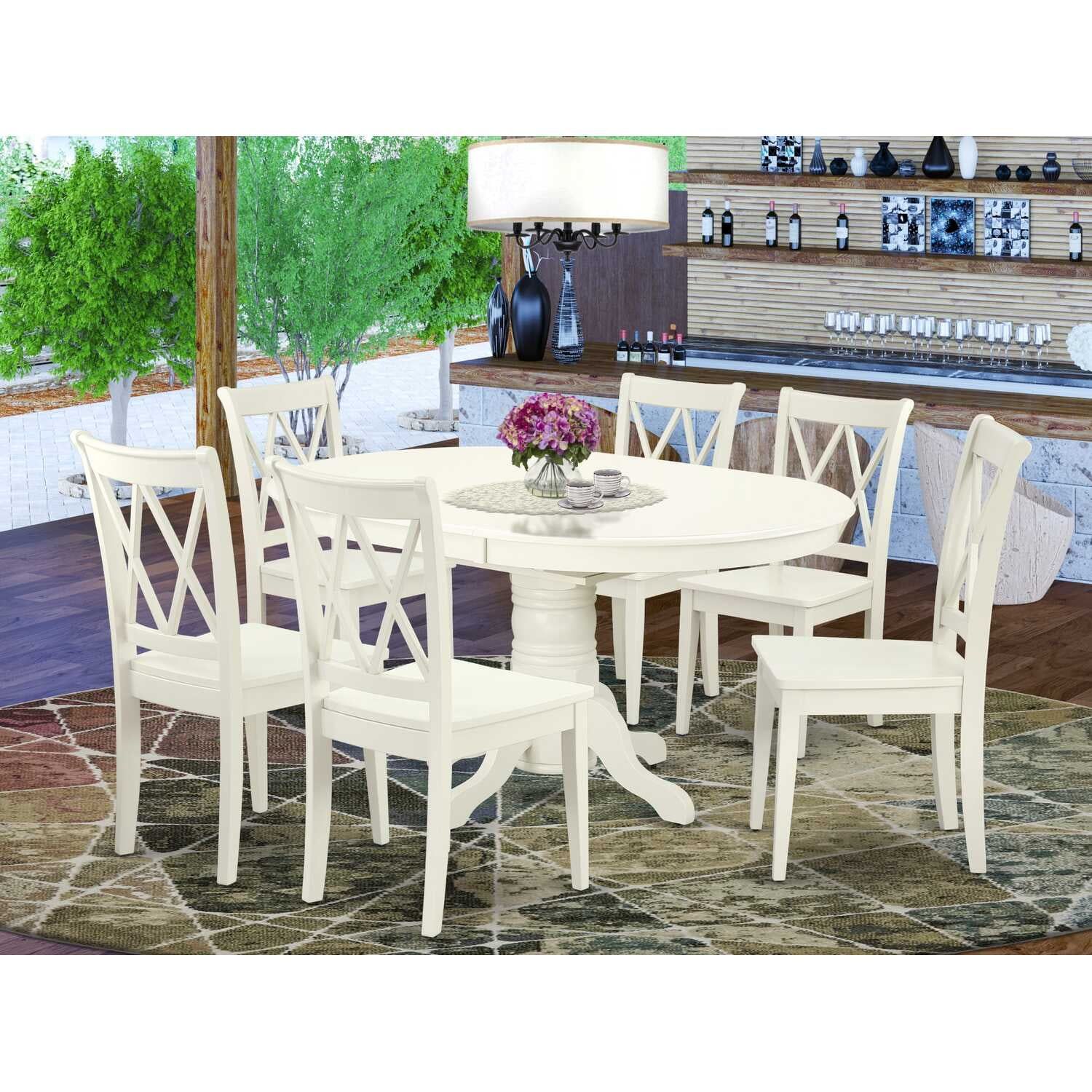 Linen White Oval Wood Dining Set with 6 Chairs