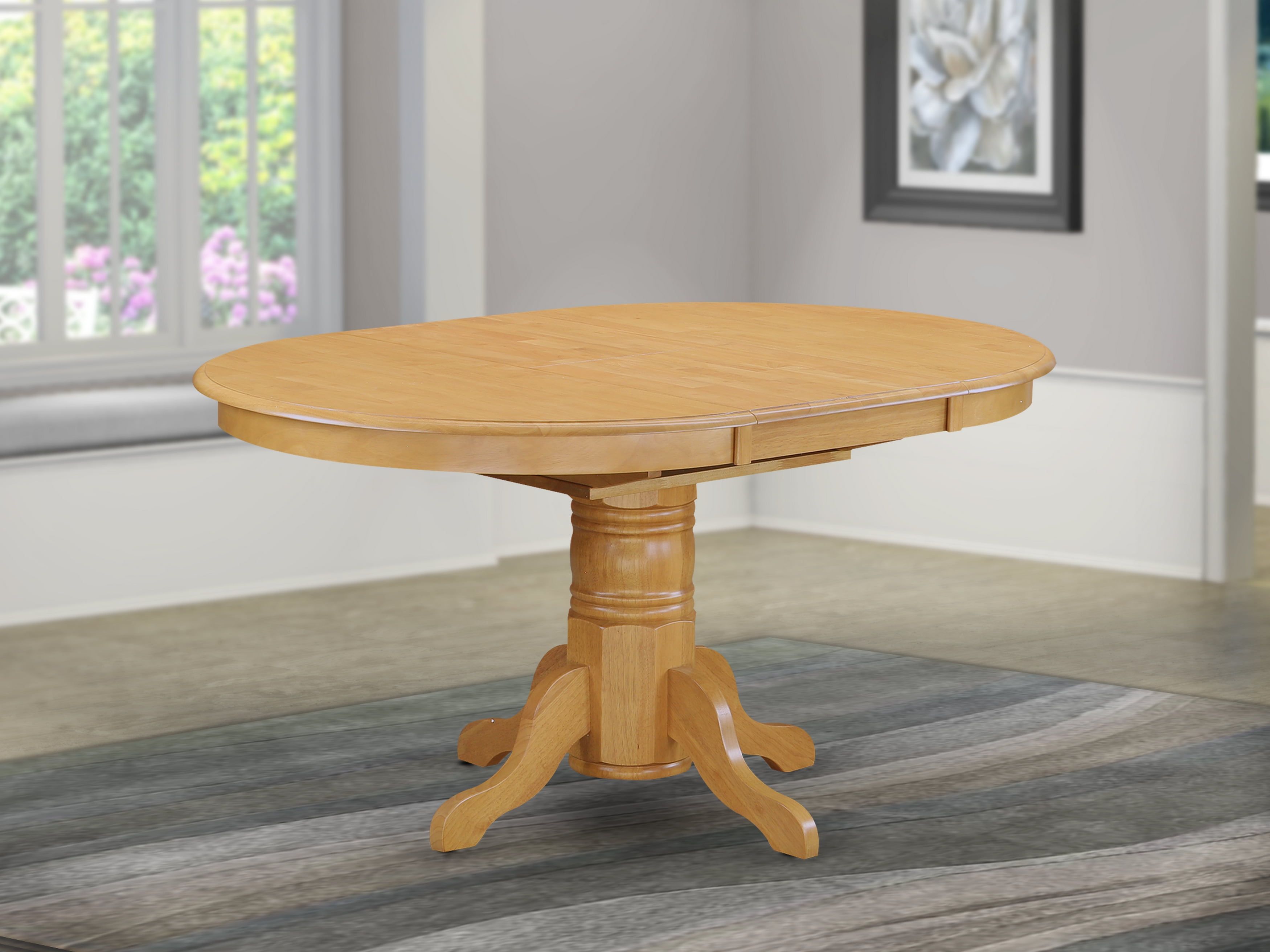 Oak Finish Round Extendable Wood Dining Table