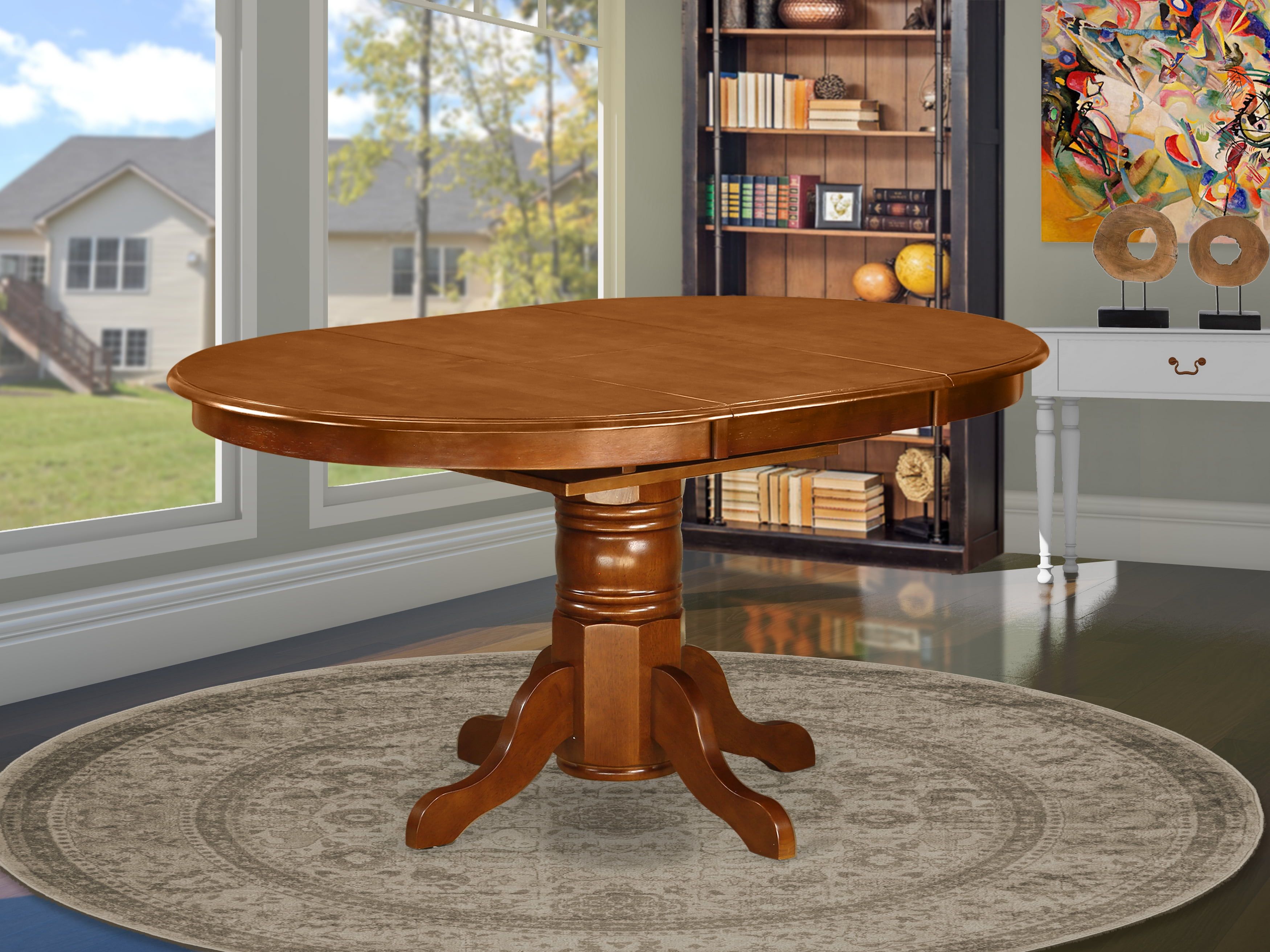 Contemporary Round Wood Extendable Dining Table in Saddle Brown