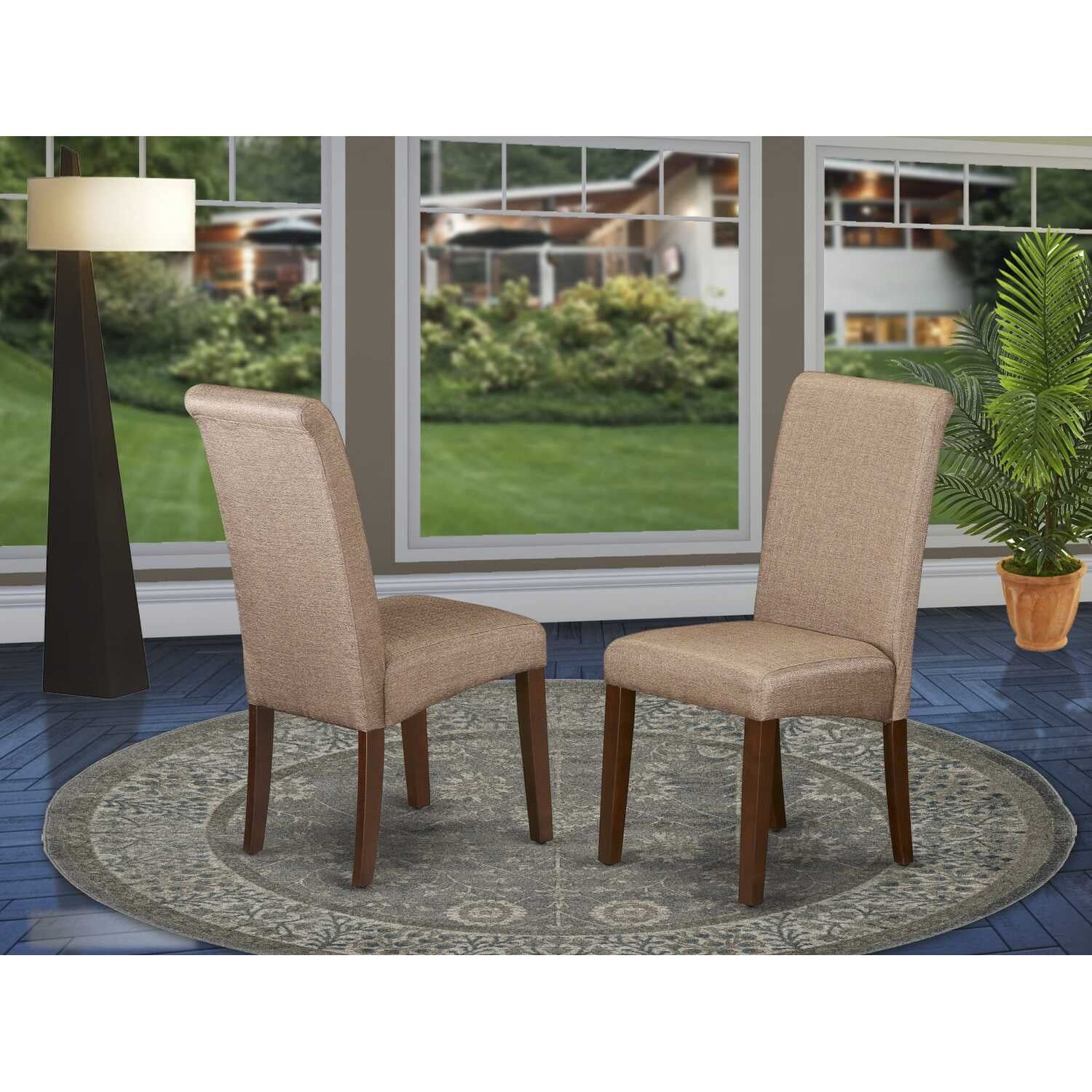 Elegant Brown Linen and Mahogany Wood High Parsons Side Chair