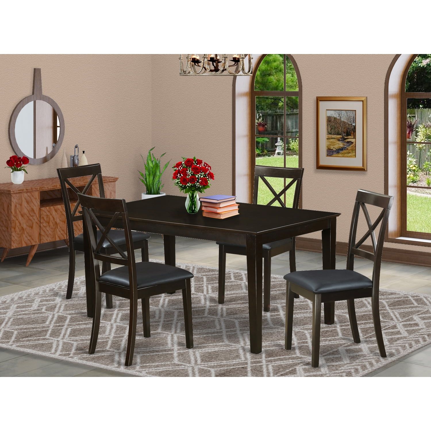 Cappuccino Wood 5-Piece Dining Set with Faux Leather Seats