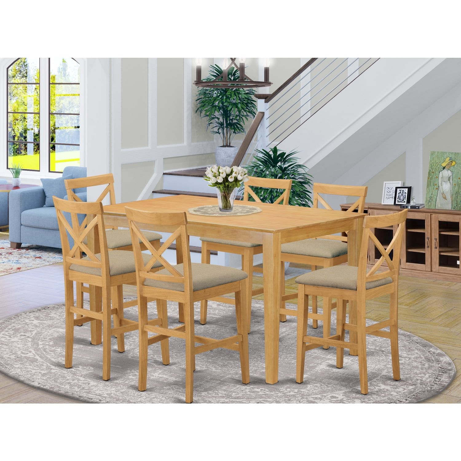 Oak Finish 7-Piece Counter Height Dining Set with Cushioned Chairs