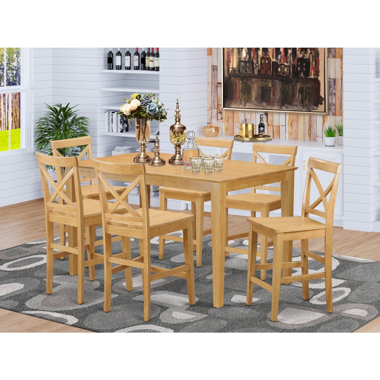 Oak Counter Height Dining Set with 6 Chairs