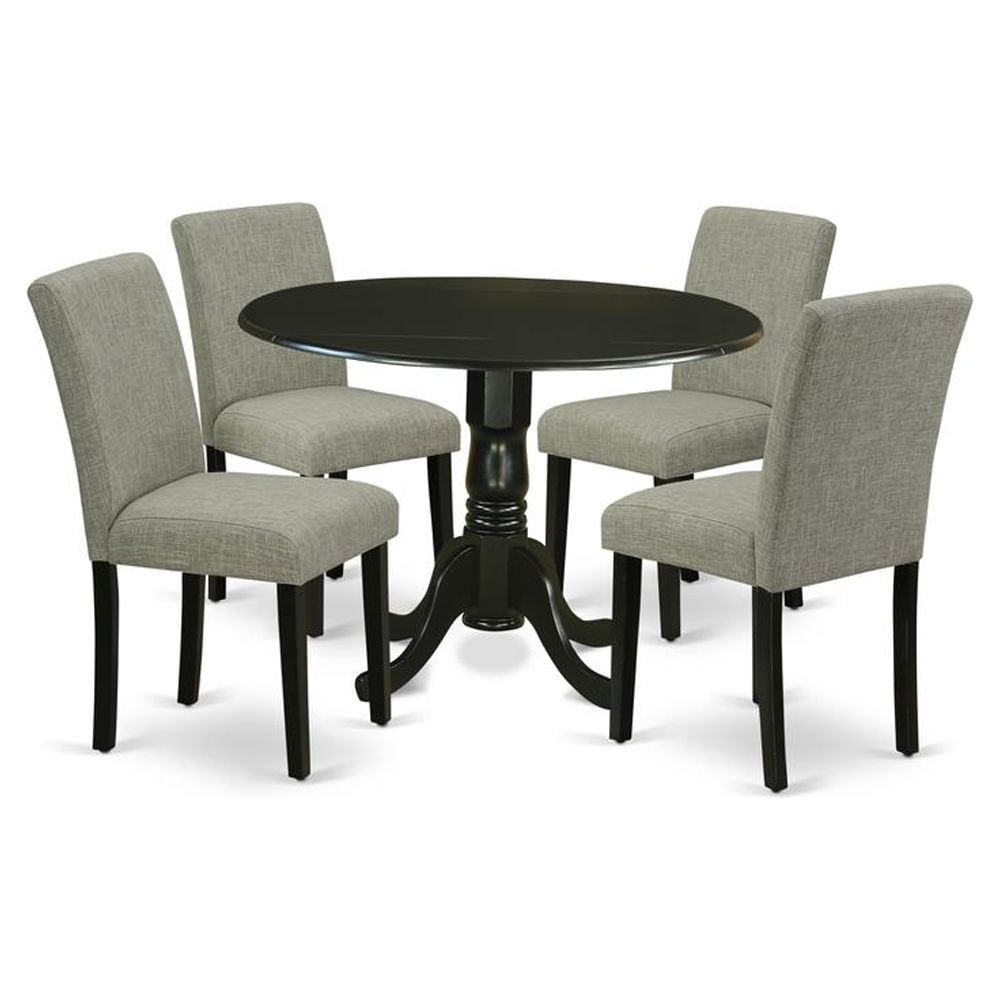 Black Round Drop Leaf Dining Table with 4 Gray Linen Chairs