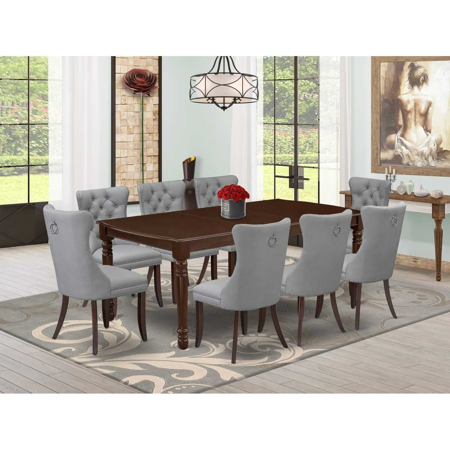 Mahogany Rectangular Dining Set with Light Gray Upholstered Chairs, 9-Piece