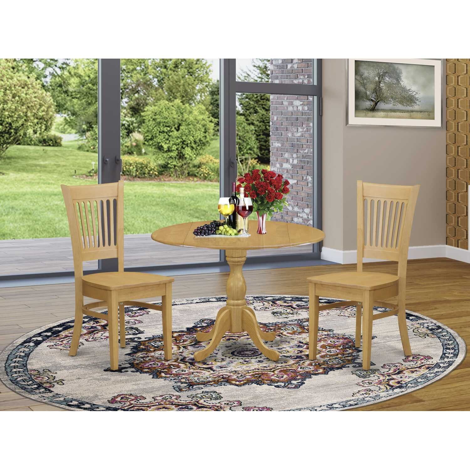 Oak Finish Round Dining Table with 2 Slatted Back Chairs