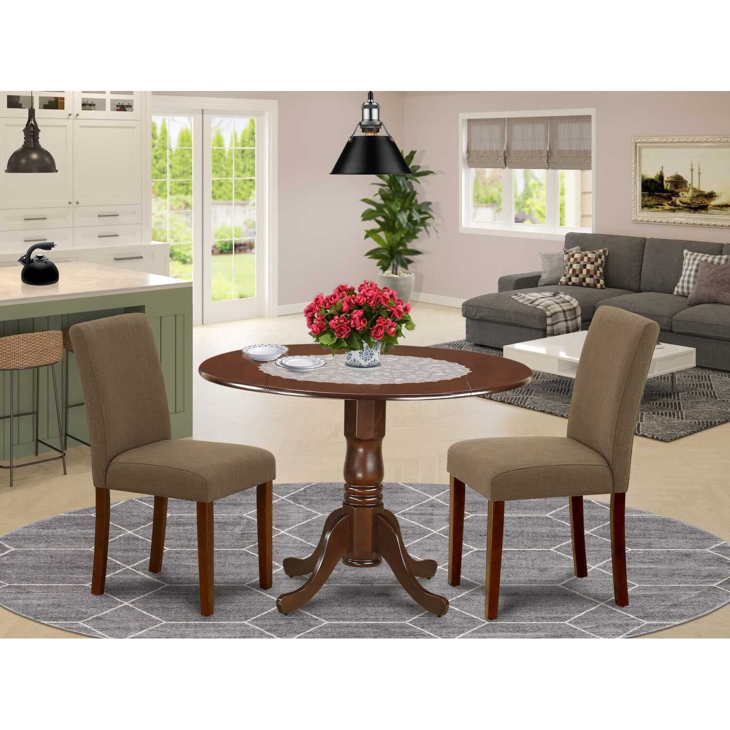 Mahogany Round Dining Table Set with Coffee Linen Chairs