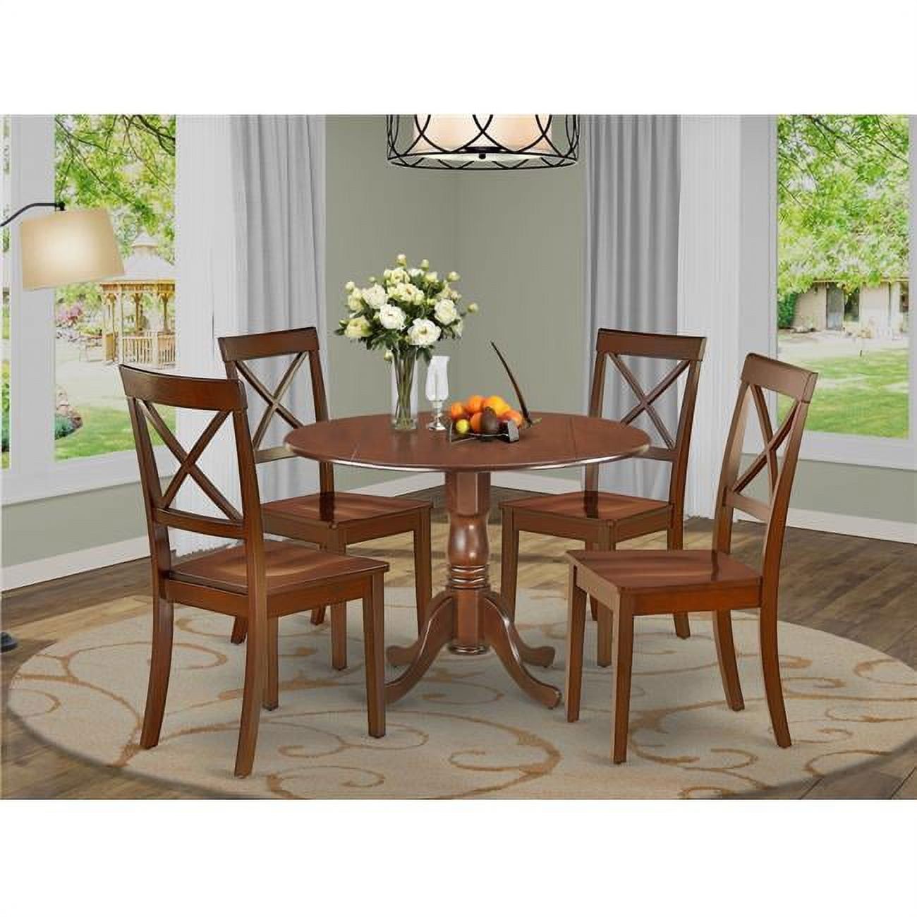 Mahogany Round Dining Table Set with 4 X-Back Chairs