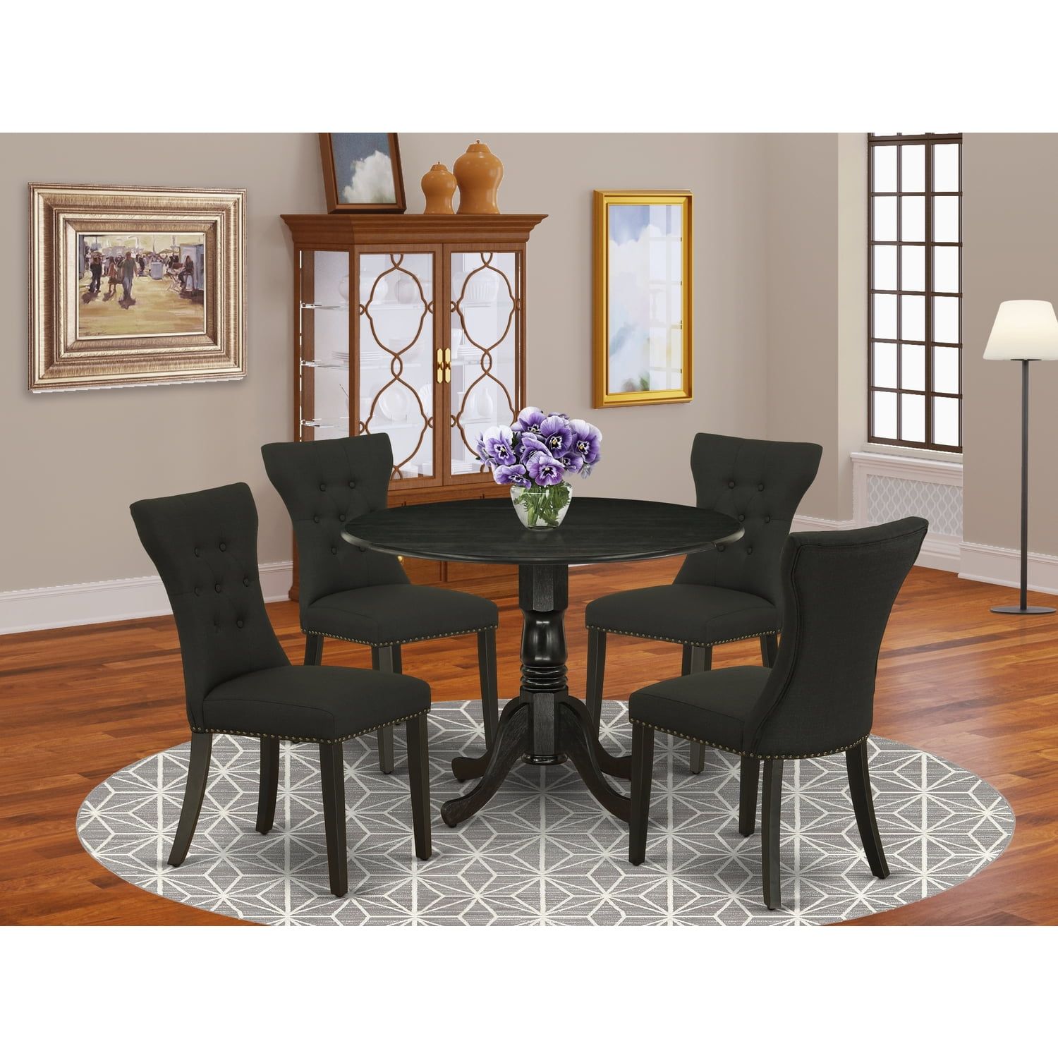 Elegant Wire-Brushed Black 5-Piece Round Dining Set with Linen Fabric Chairs