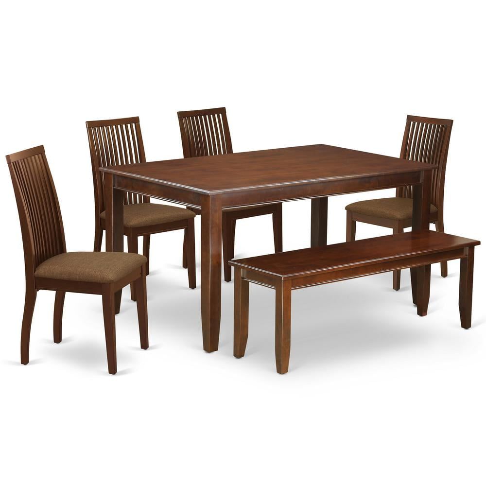 Mahogany 6-Piece Dining Set with Linen Cushioned Chairs and Bench