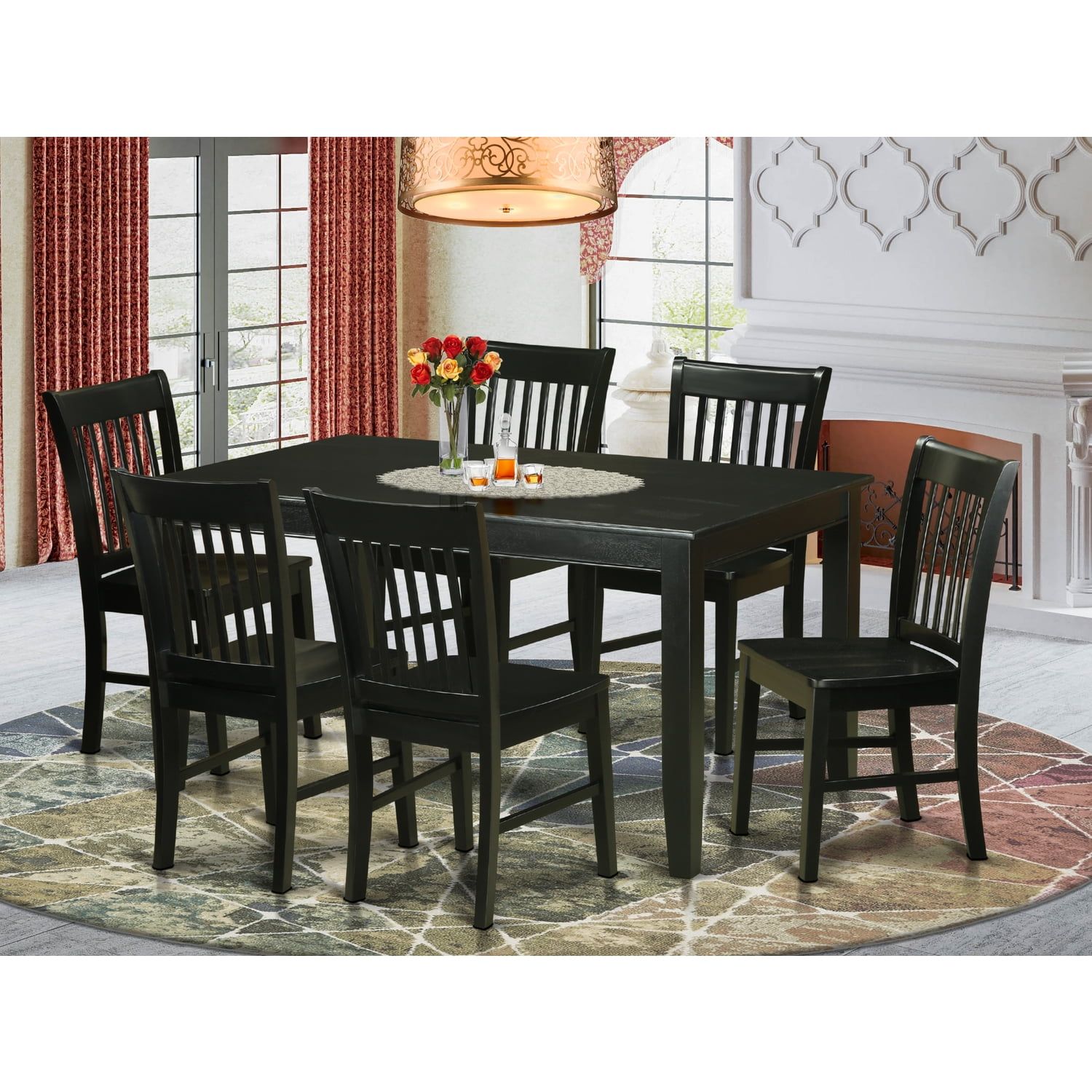 Black Rubberwood 7-Piece Dining Set with Slatted Back Chairs