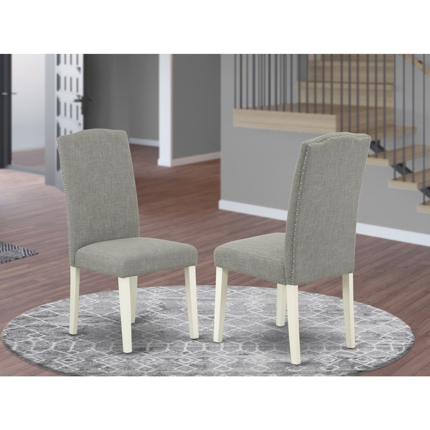 Linen White High-Back Parsons Side Chair with Wooden Legs - Set of 2