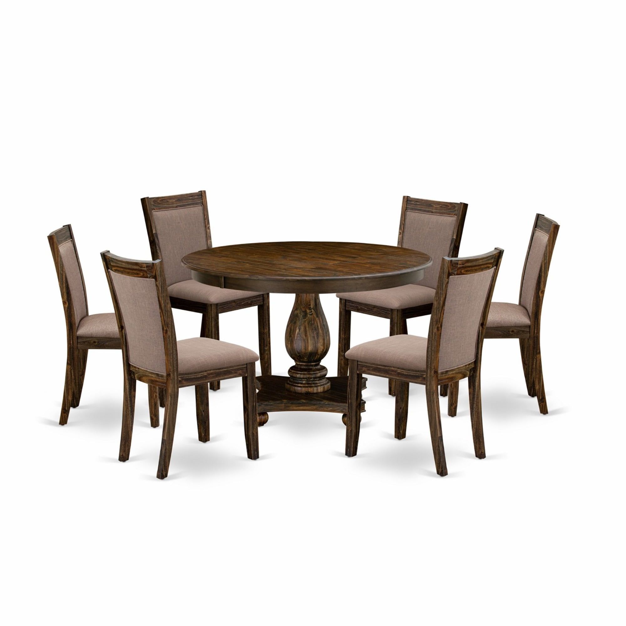 Jacobean Round Pedestal Dining Set with Coffee Linen Chairs, 48"