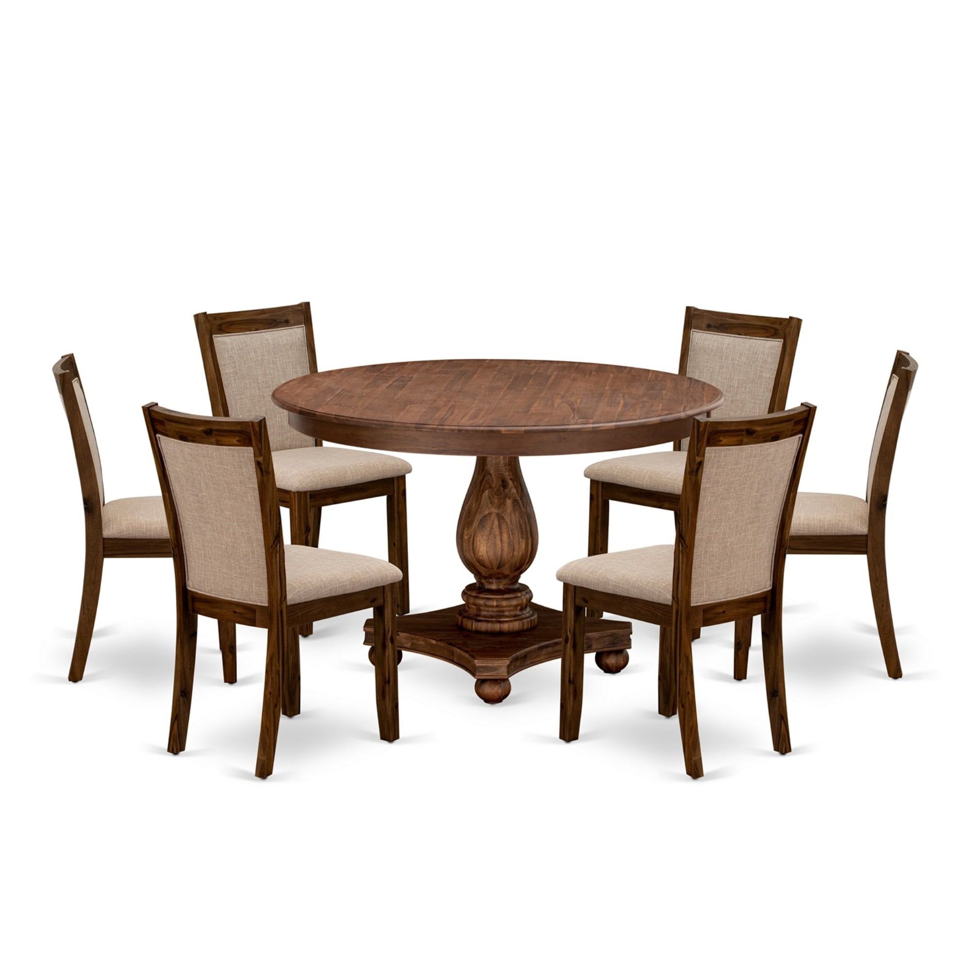 Antique Walnut 48" Round Pedestal Dining Table Set with 6 Light Tan Chairs