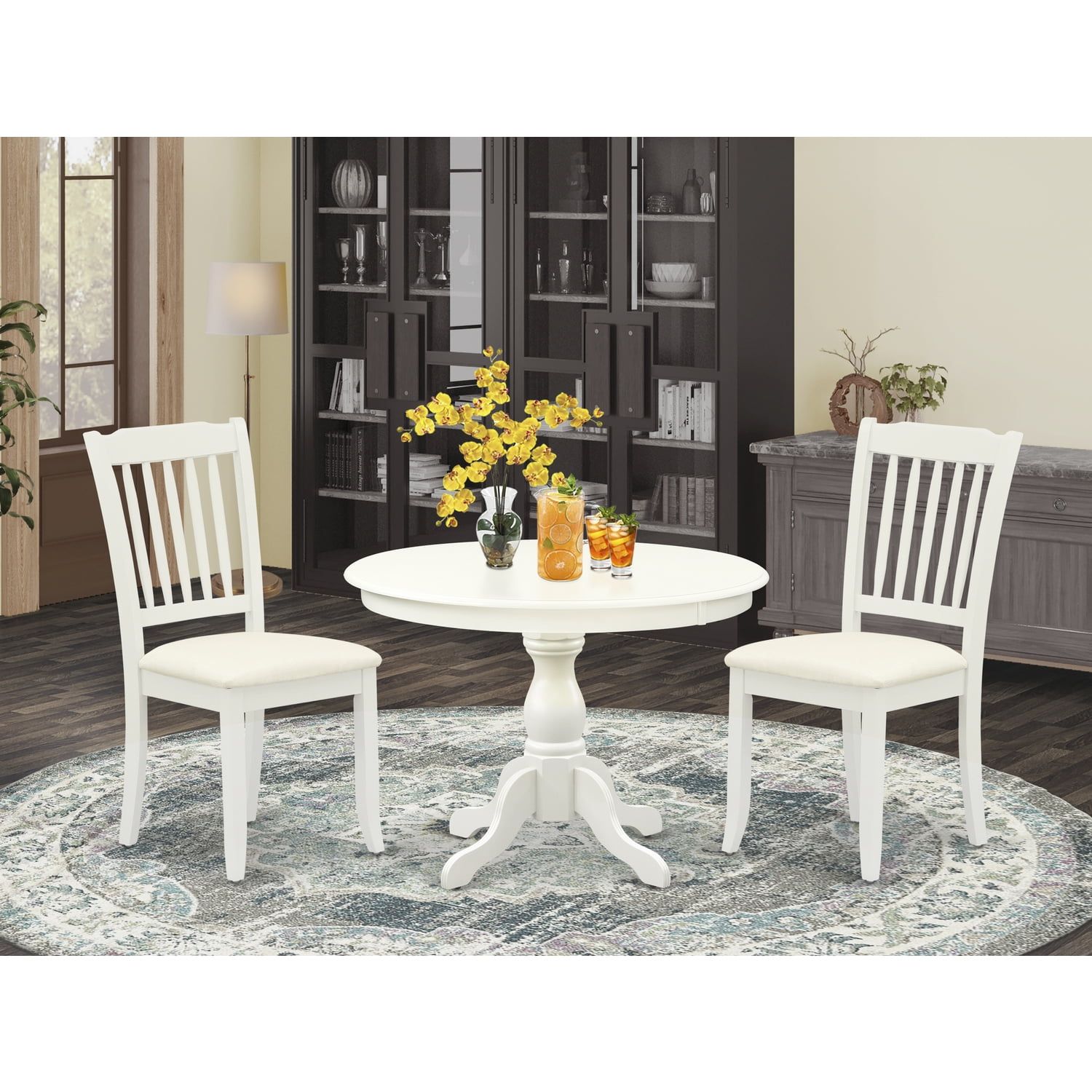 Linen White Round Pedestal Dining Table Set with Slatted Back Chairs