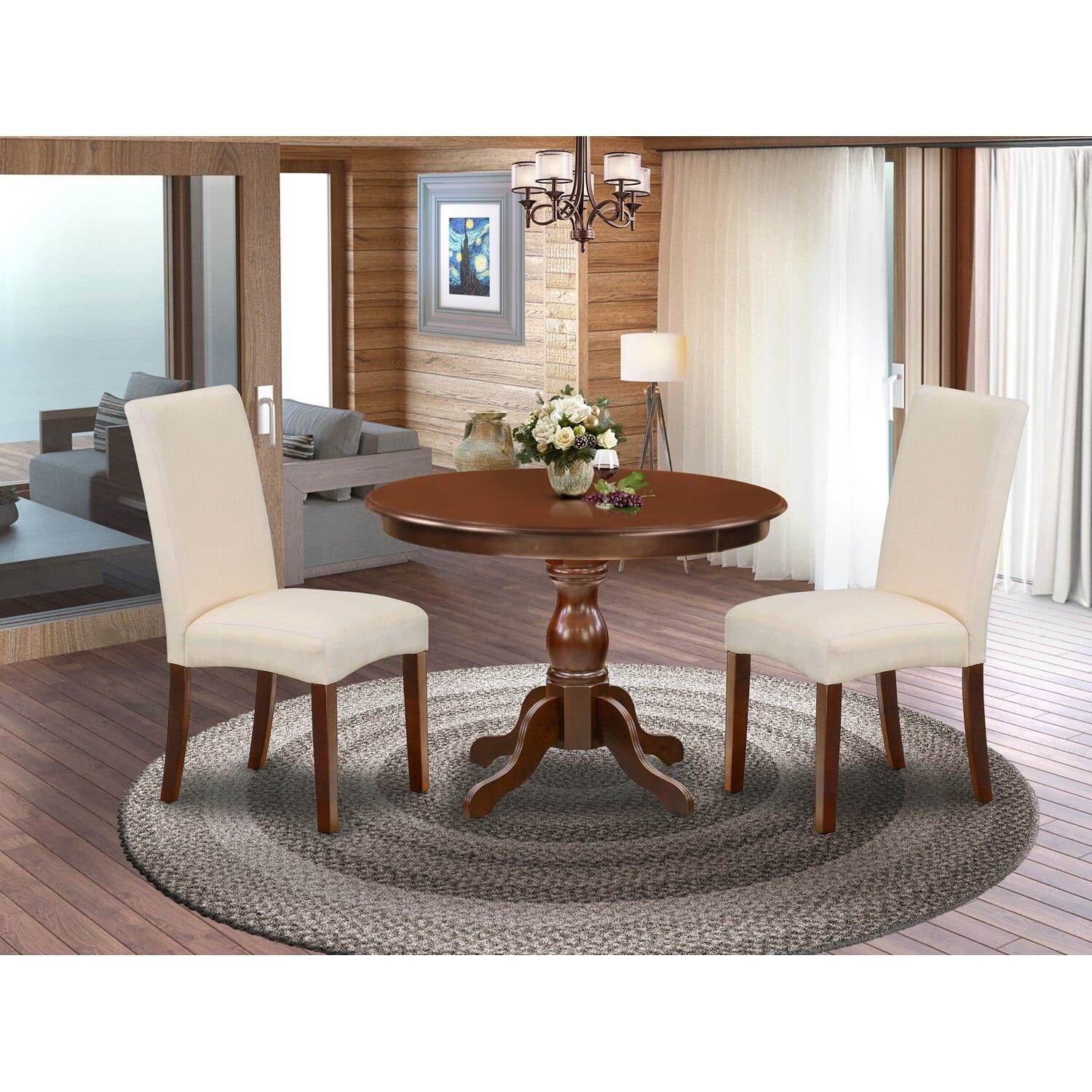 Mahogany Round Dining Table Set with Cream Linen Chairs