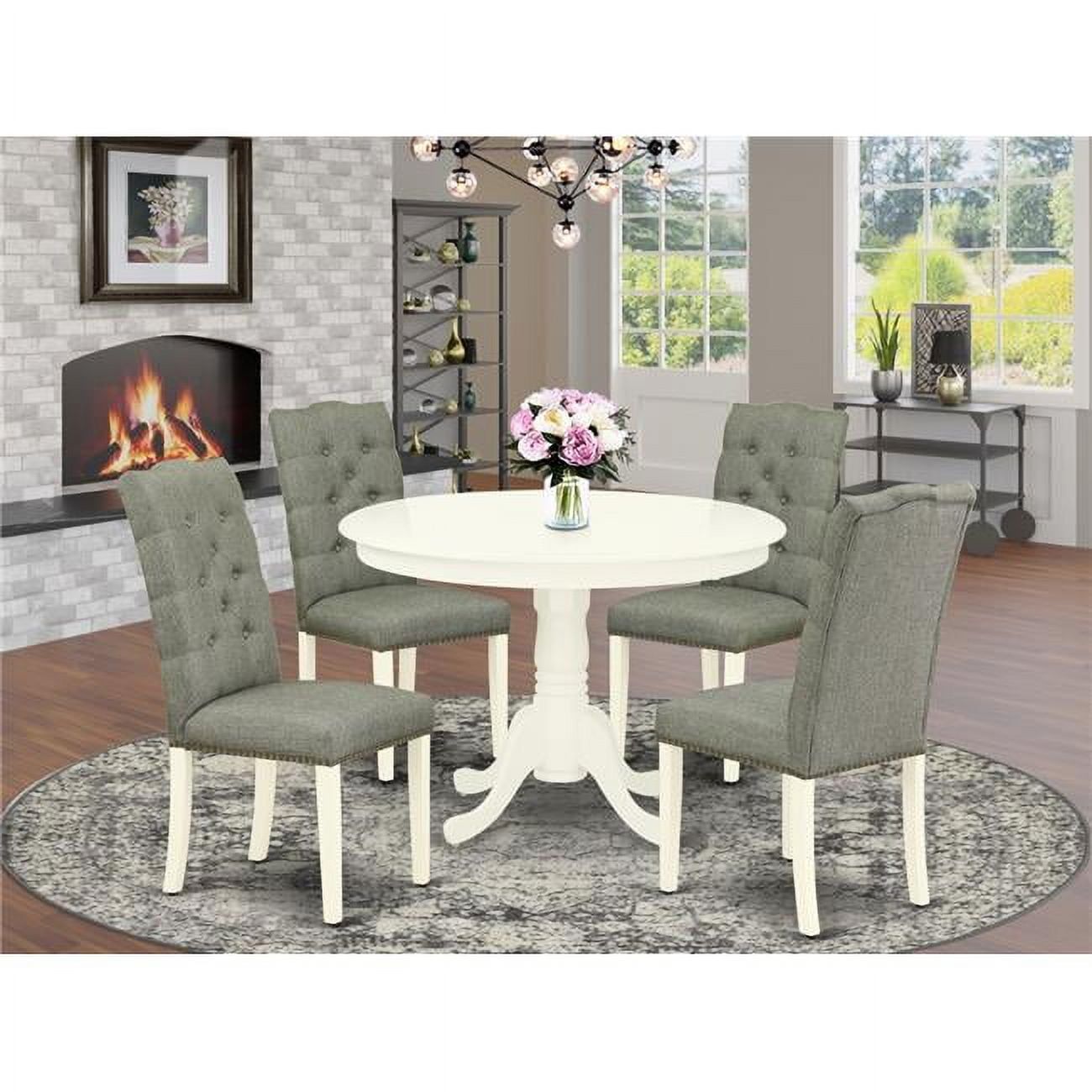 Linen White and Smoke 5-Piece Round Dining Set with High Back Chairs