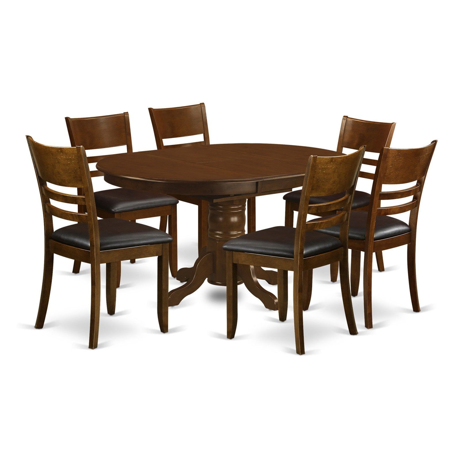 Espresso Oval Dining Table Set with 6 Faux Leather Chairs