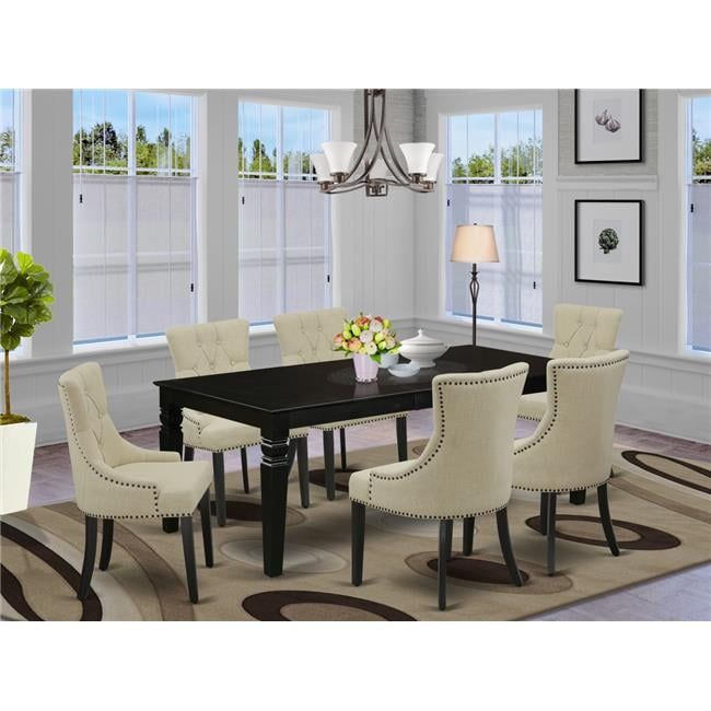 Black Rectangular Wood Dining Table with 6 Beige Linen Chairs