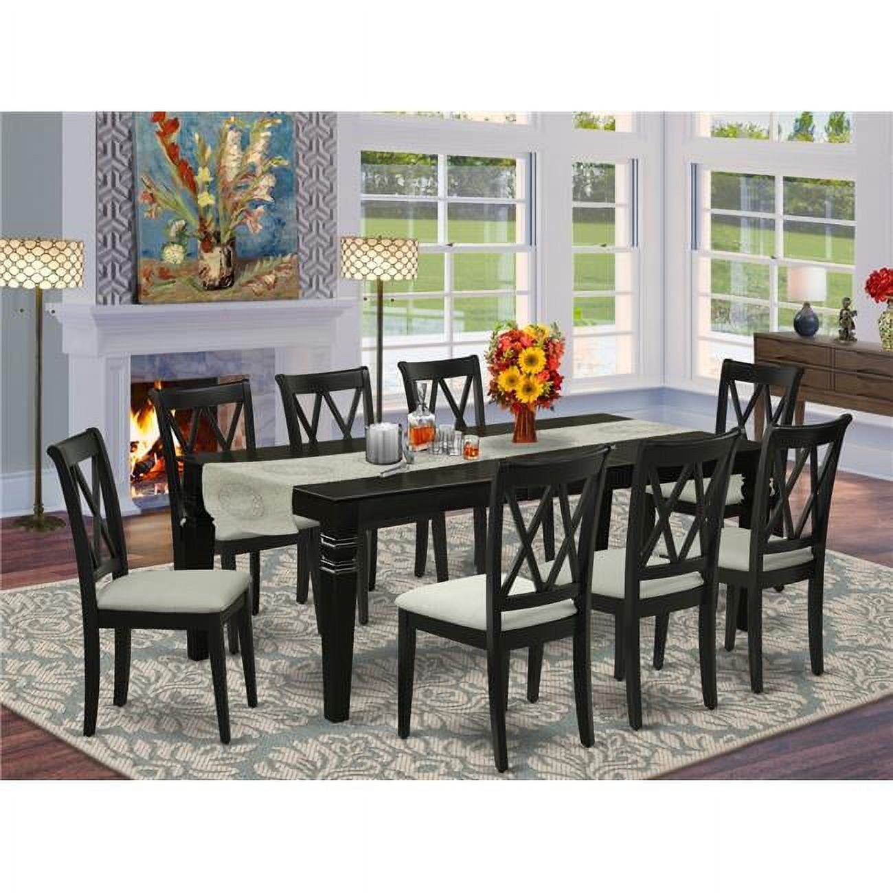 Black Rubber Wood Dining Set with Linen Seats, 9-Piece