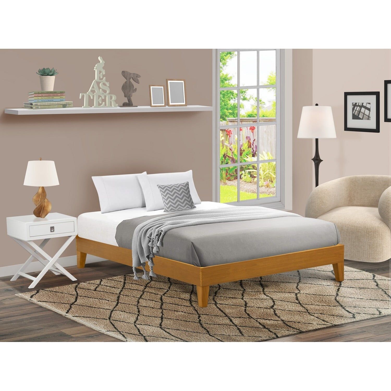 Oak Finish Queen Size Platform Bed Frame with Linen Upholstery