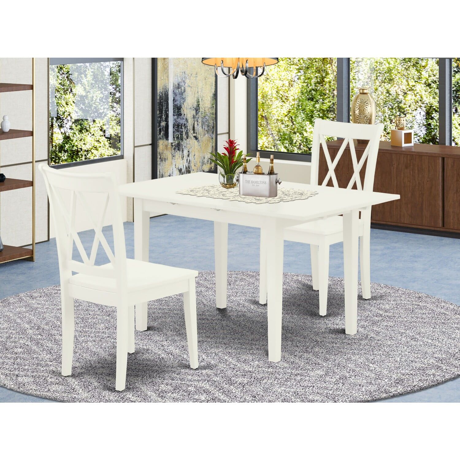 Linen White Rubber Wood 3-Piece Dining Set with Double X Back Chairs