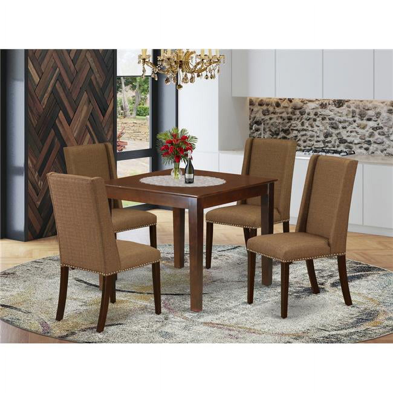 Mahogany Square Dining Set with Brown Beige Linen Chairs