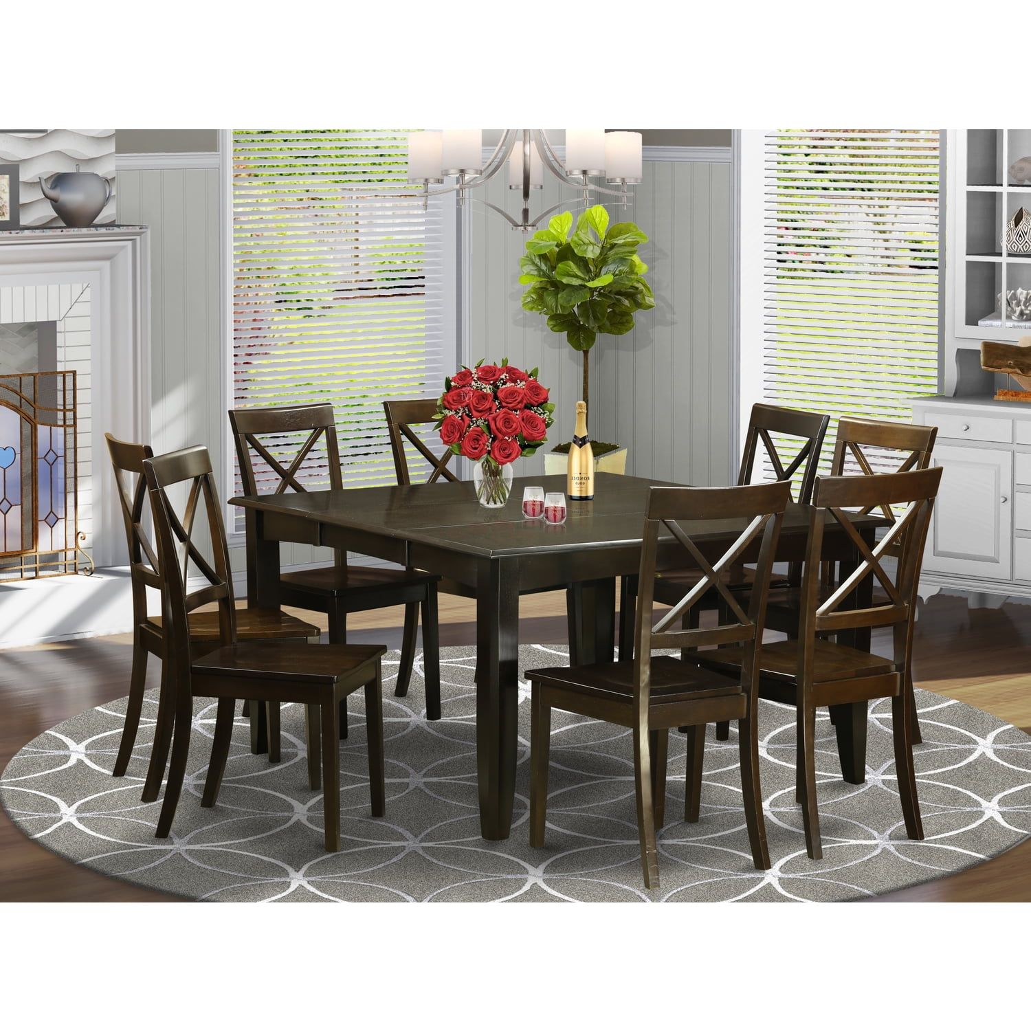 Cappuccino Wood 9-Piece Dining Table Set with X-Back Chairs