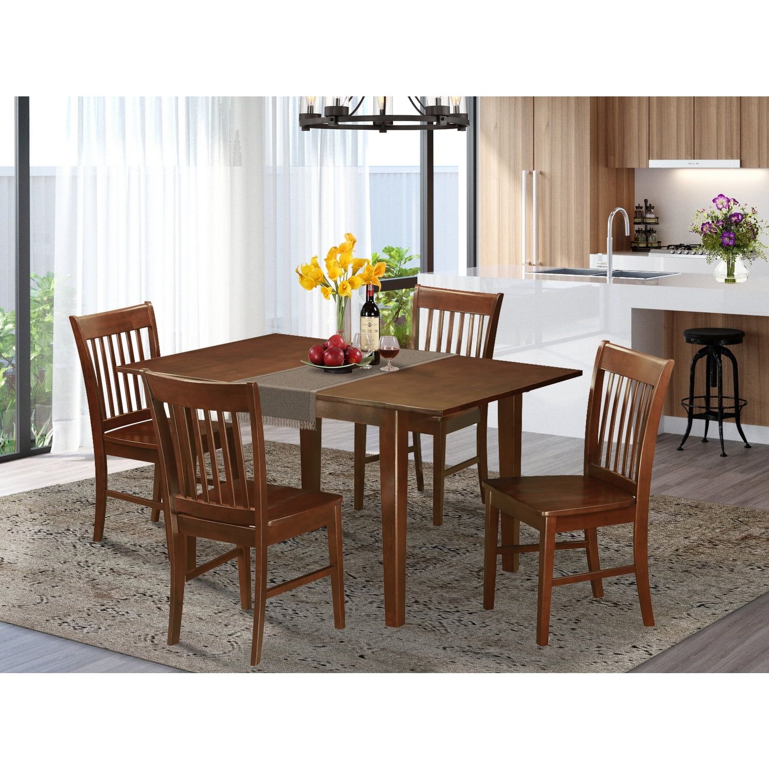 Mahogany 5-Piece Wood Dining Set with Slat Back Chairs