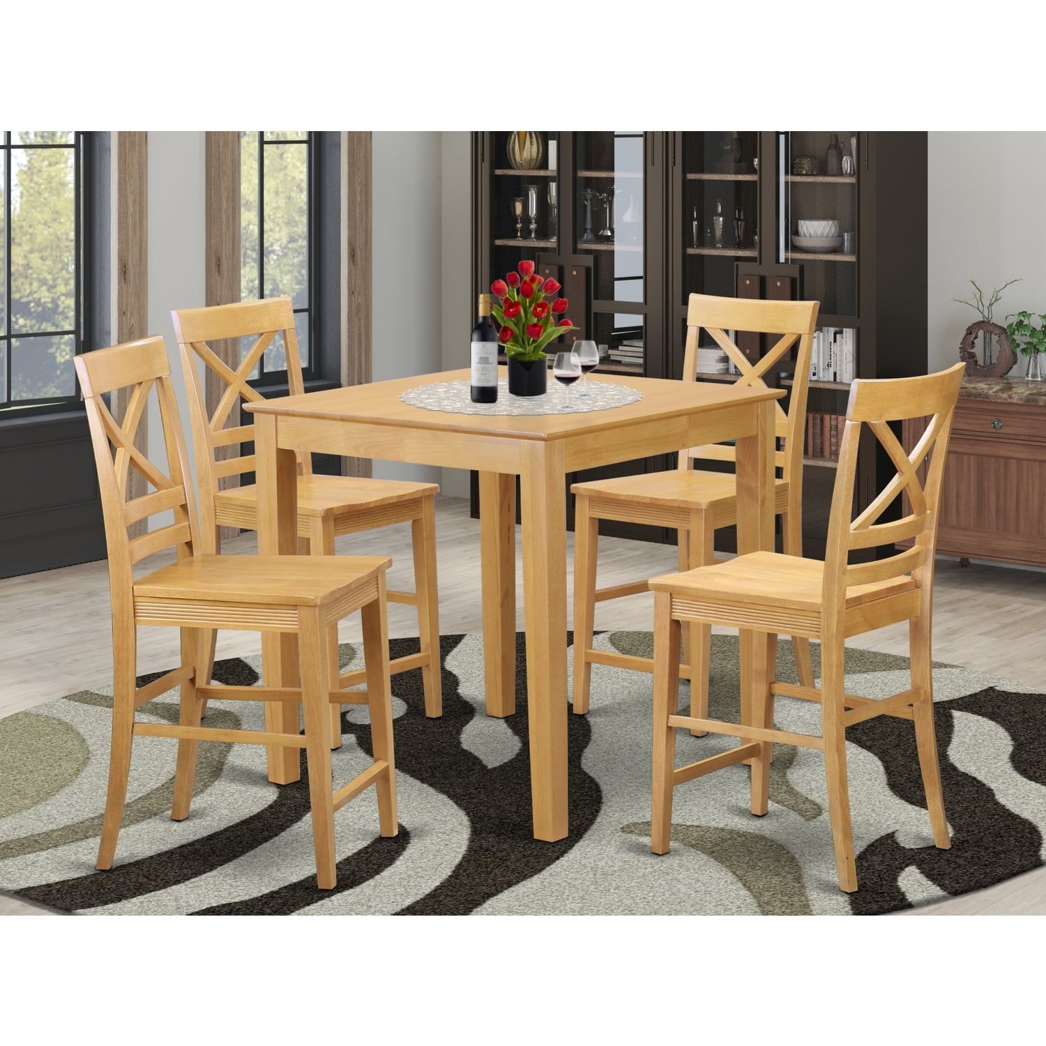 Oak 36-Inch Square Pub Table with 4 Cross-Back Chairs