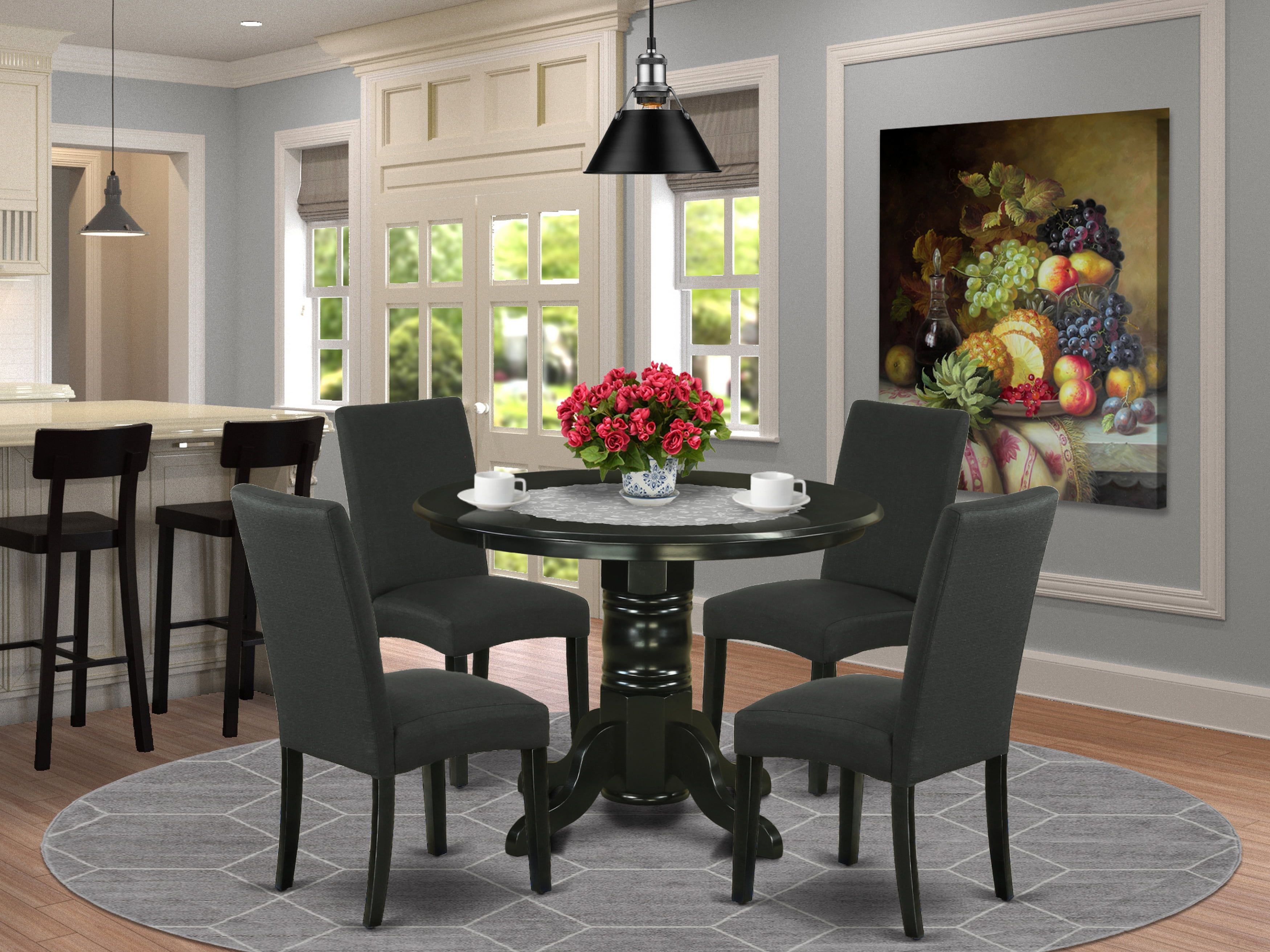 Sophisticated Black 5-Piece Round Dining Set with Linen Chairs