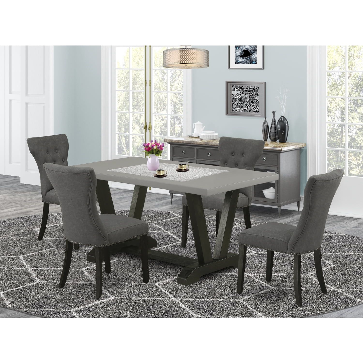 Wire Brushed Black 5-Piece Kitchen Set with Gotham Gray Upholstered Chairs