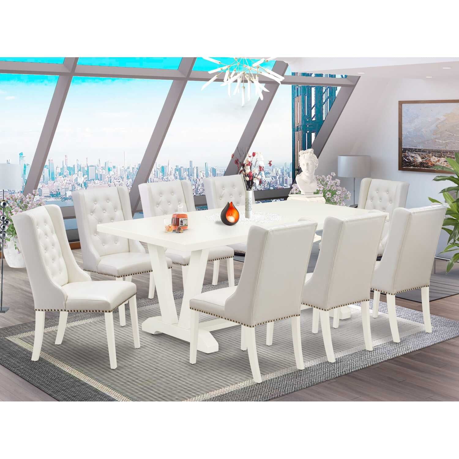 Linen White 9-Piece Dining Set with PU Leather Chairs