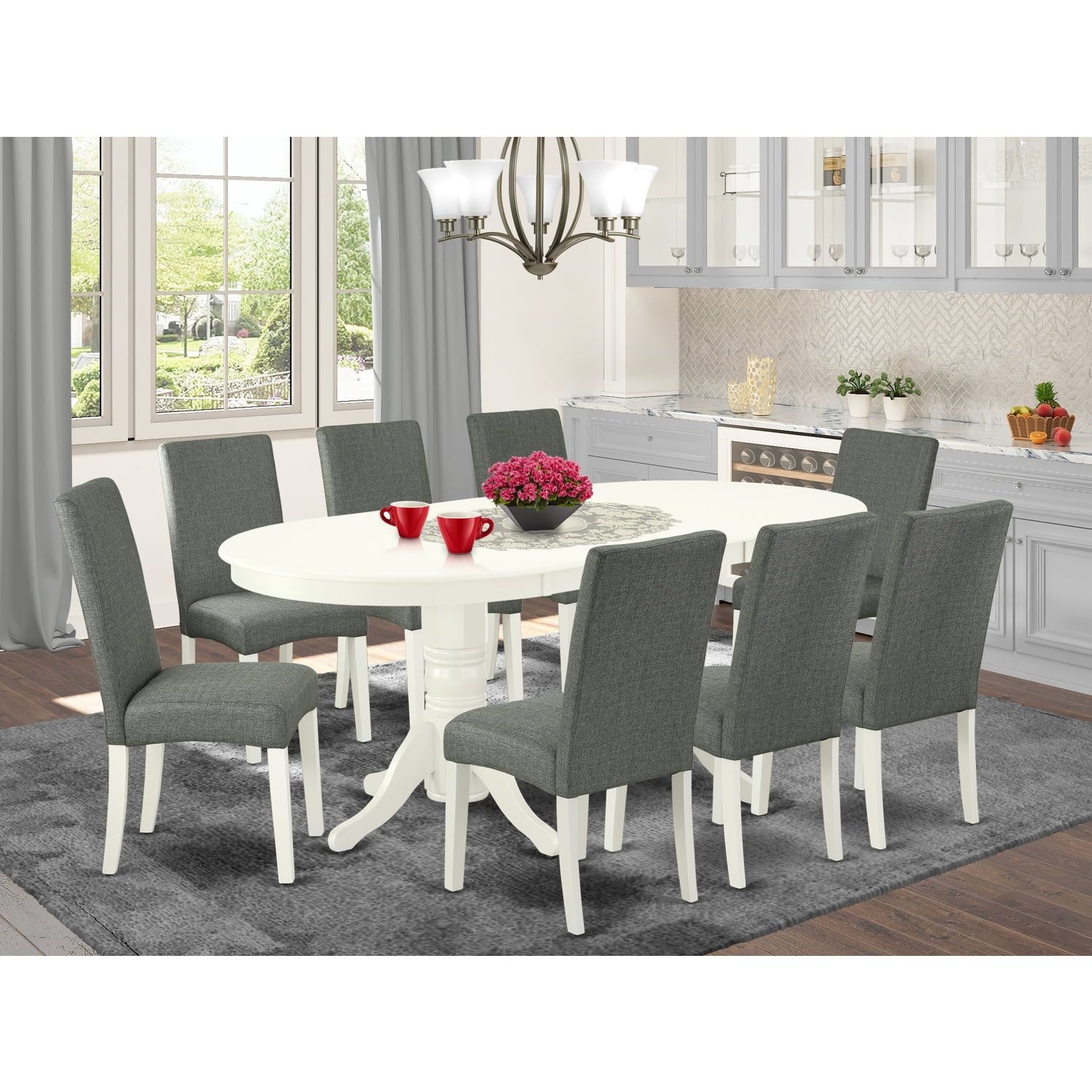 Linen White Oval Dining Table Set with 8 Gray Chairs