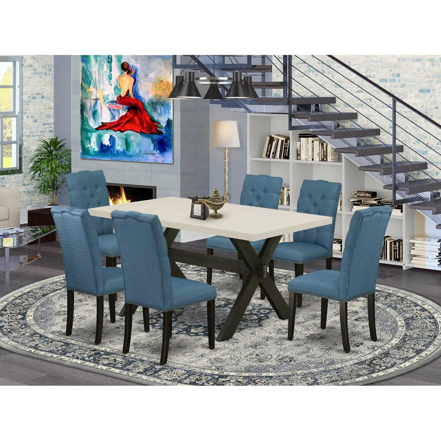 Linen White and Mineral Blue 7-Piece Dining Set with X-Legs