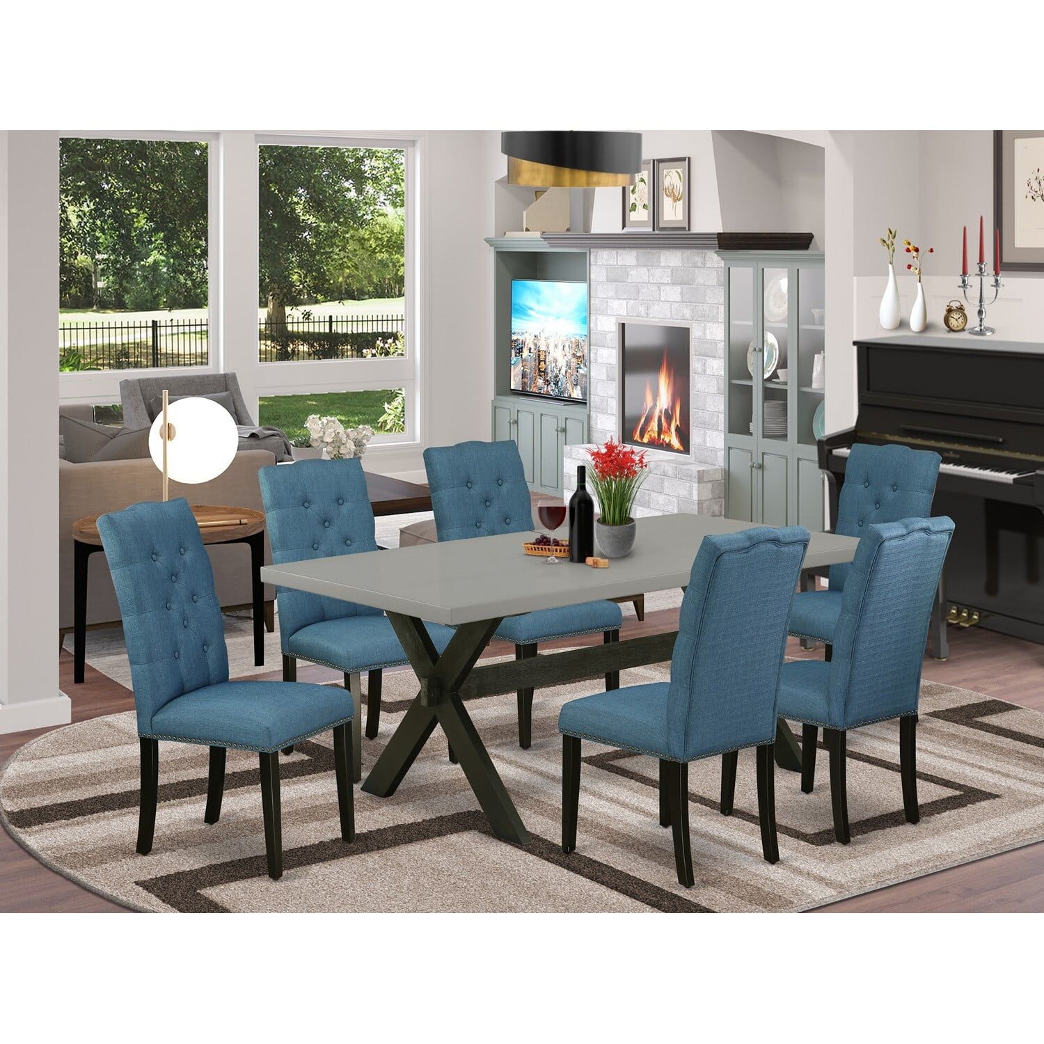 Wire Brushed Black and Mineral Blue 7-Piece Dining Set with Tufted Chairs