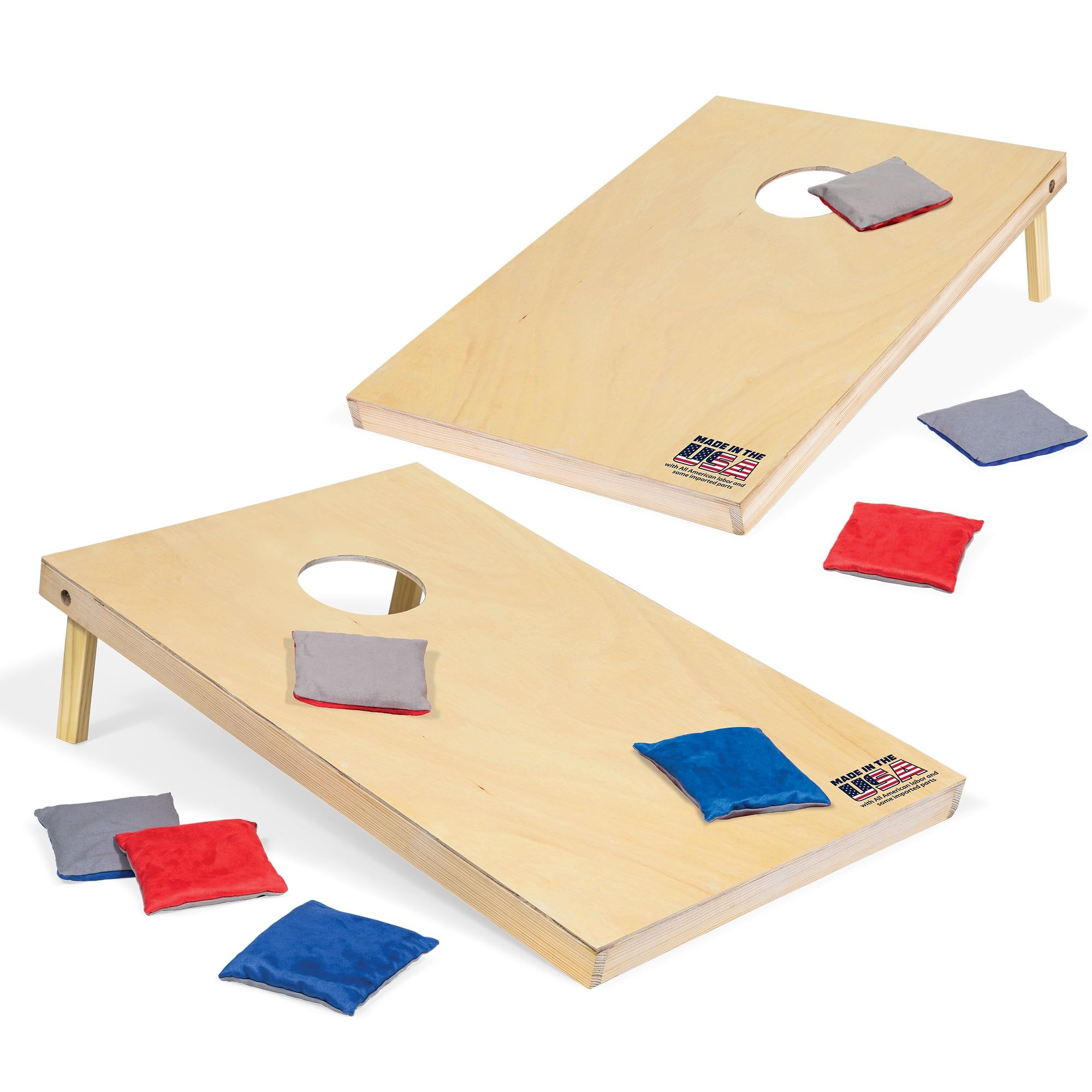 Natural Wood Cornhole Boards with Red and Blue Bean Bags