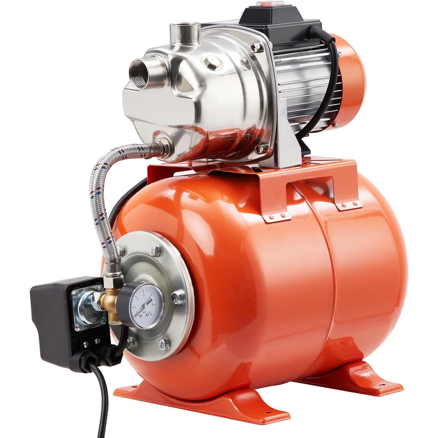 1HP Stainless Steel Shallow Well Pump with Orange Pressure Tank